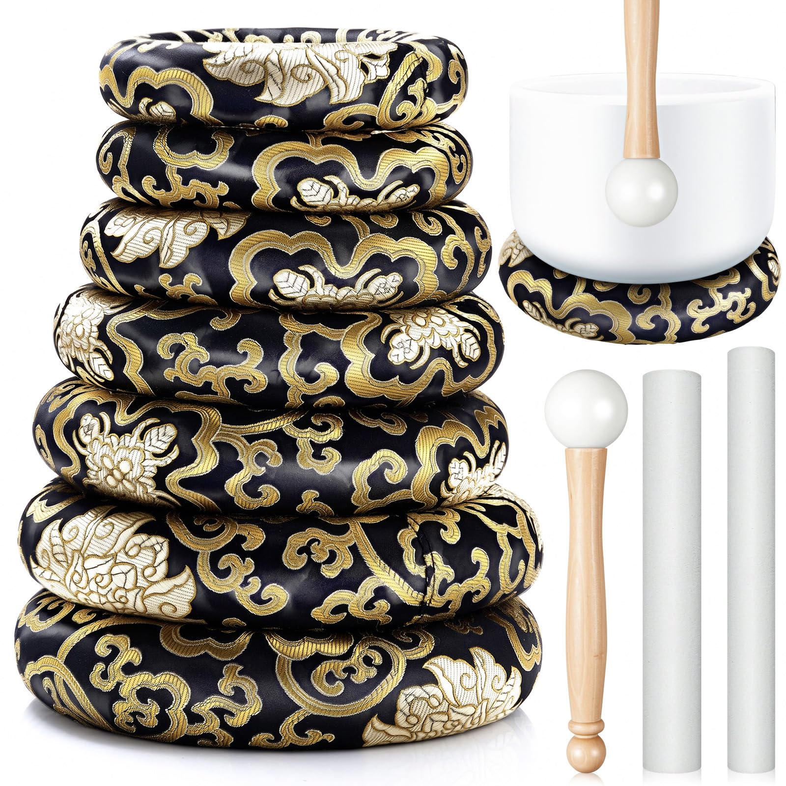 Singing Bowl Cushion Set, 7 Silk Rings &amp; 3 Mallets, 6-12", Black Gold