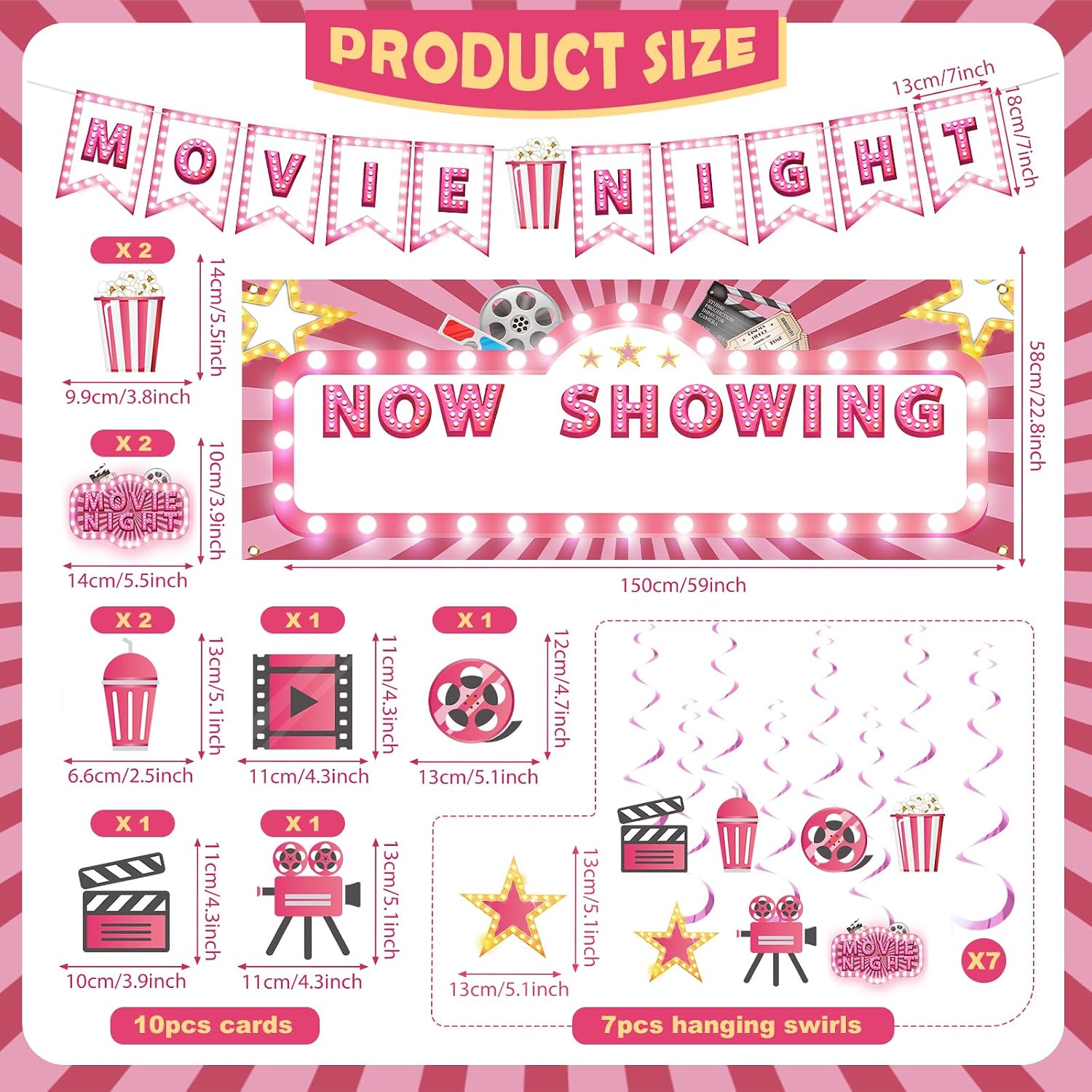 Pink Movie Night Party Decorations 36Pcs Now Showing Party Supplies Include Movie Theme Party Banner Film Backdrop Hanging Foil Swirls Cardstocks for Girls Film Theater Festival Birthday Party Decor image 2