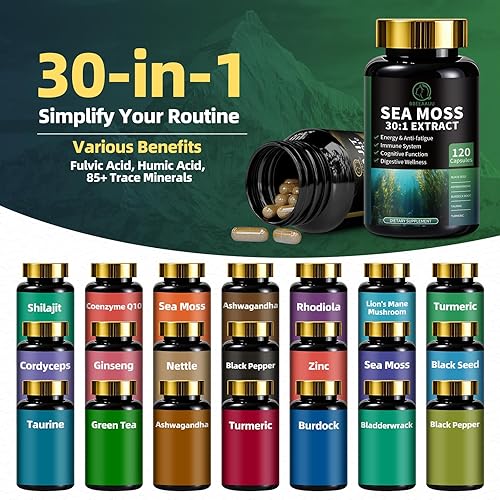 Miniatura 6 de Paquete de musgo marino y shilajit, suplementos todo en 1 con Shilajit 400 mg, musgo marino 680 mg, coenzima Q10, semilla negra, ashwagandha,