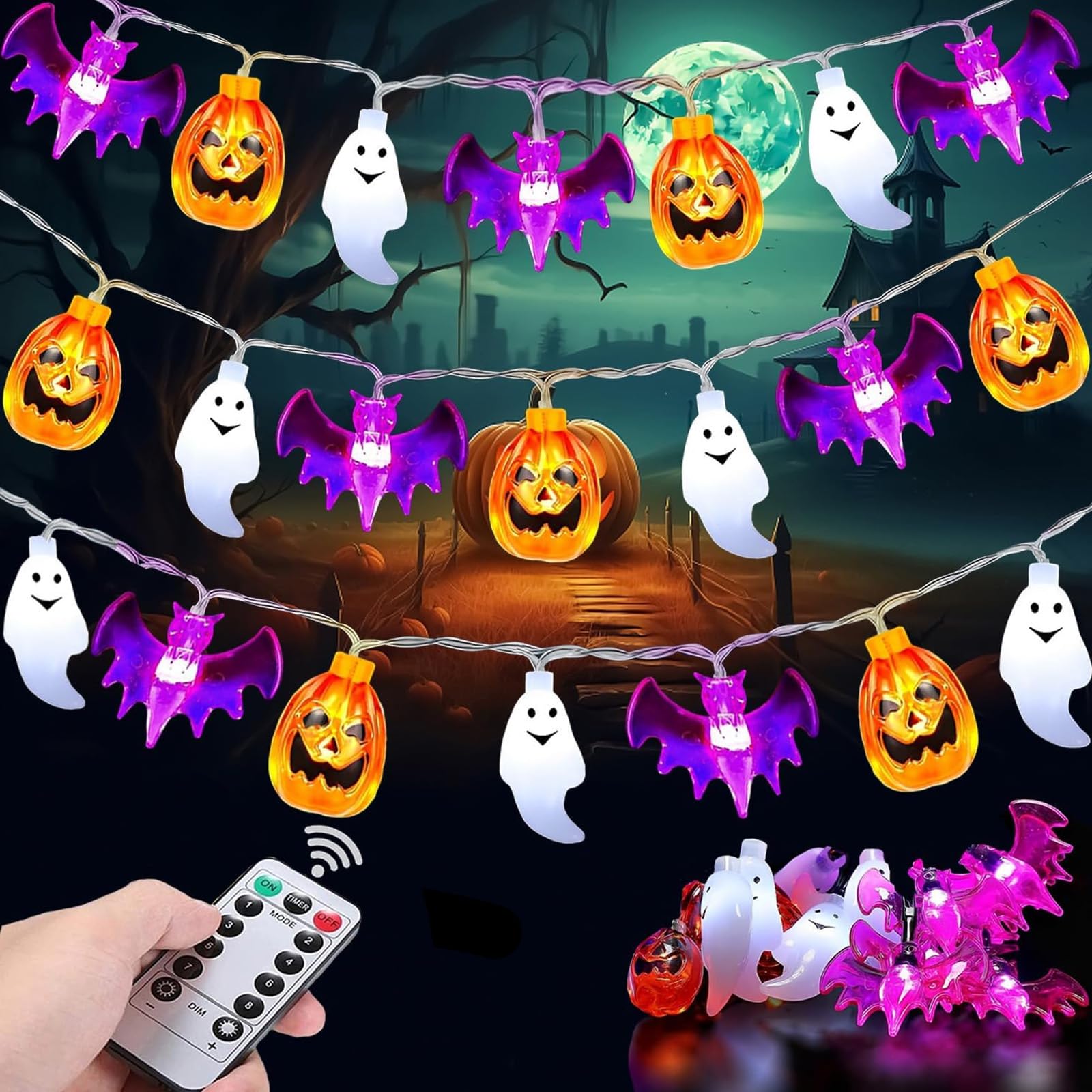 Halloween Lichterkette 3m 20 LED - Mit Kürbis, Fledermaus & Geist, Timer & Fernbedienung