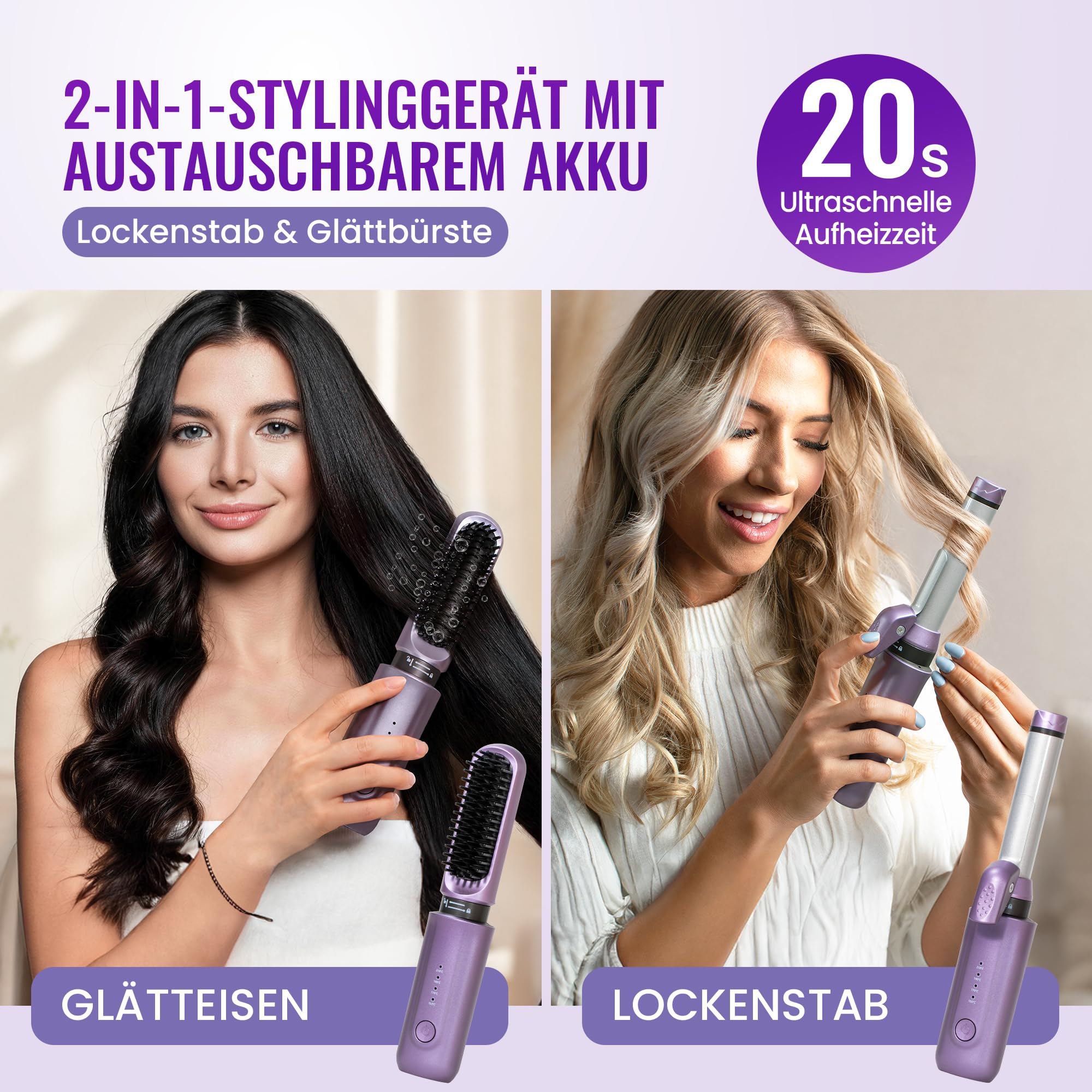 Cepillo para rizar y alisar inalámbrico 2 en 1, mini cepillo de viaje portátil para mujeres, color morado