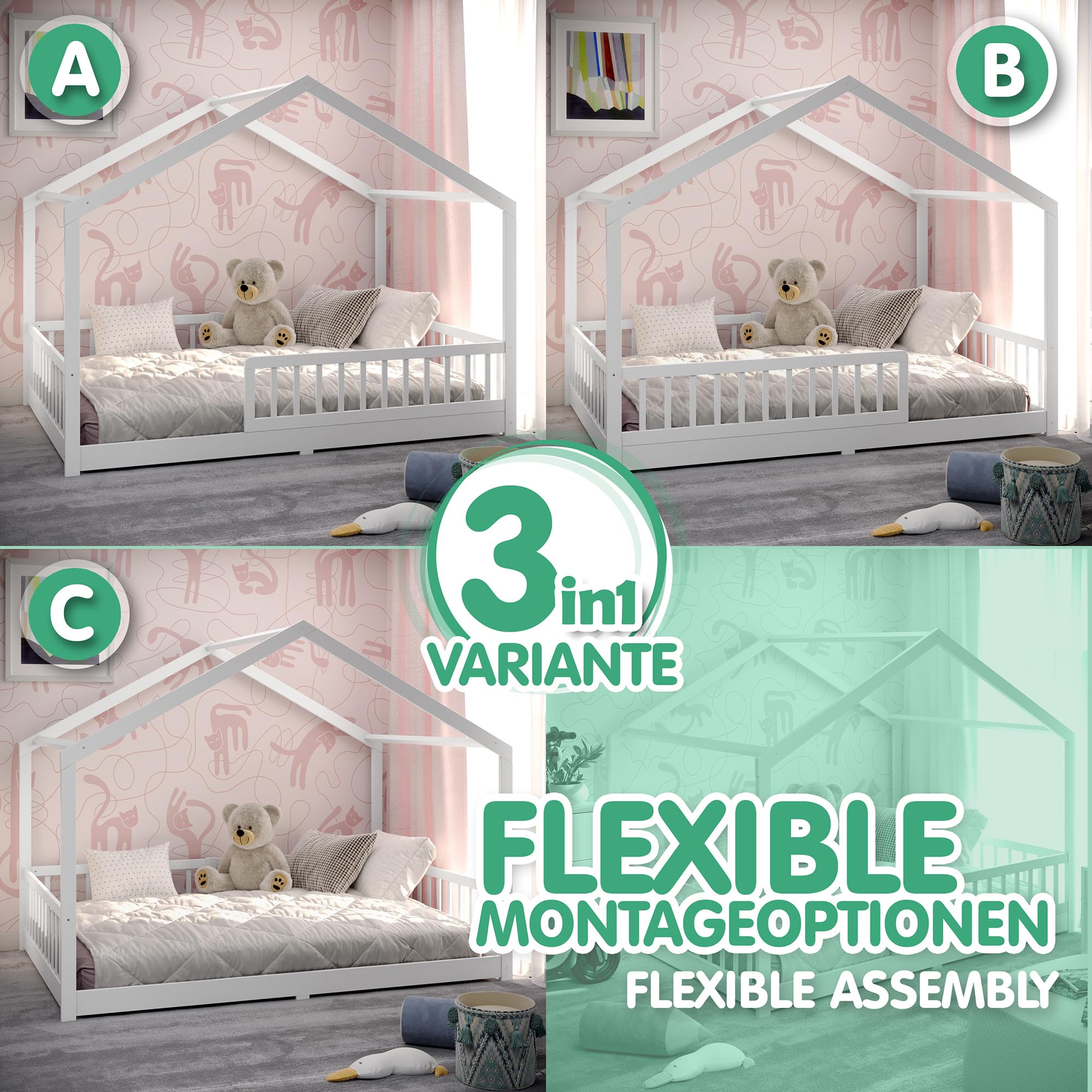 CADANI Malte lit Enfant 140x200 cm – lit cabane avec barrière Amovible, Jusqu’à 200 kg, sommier à Lattes Inclus, lit au Sol Montessori en pin Massif, Blanc