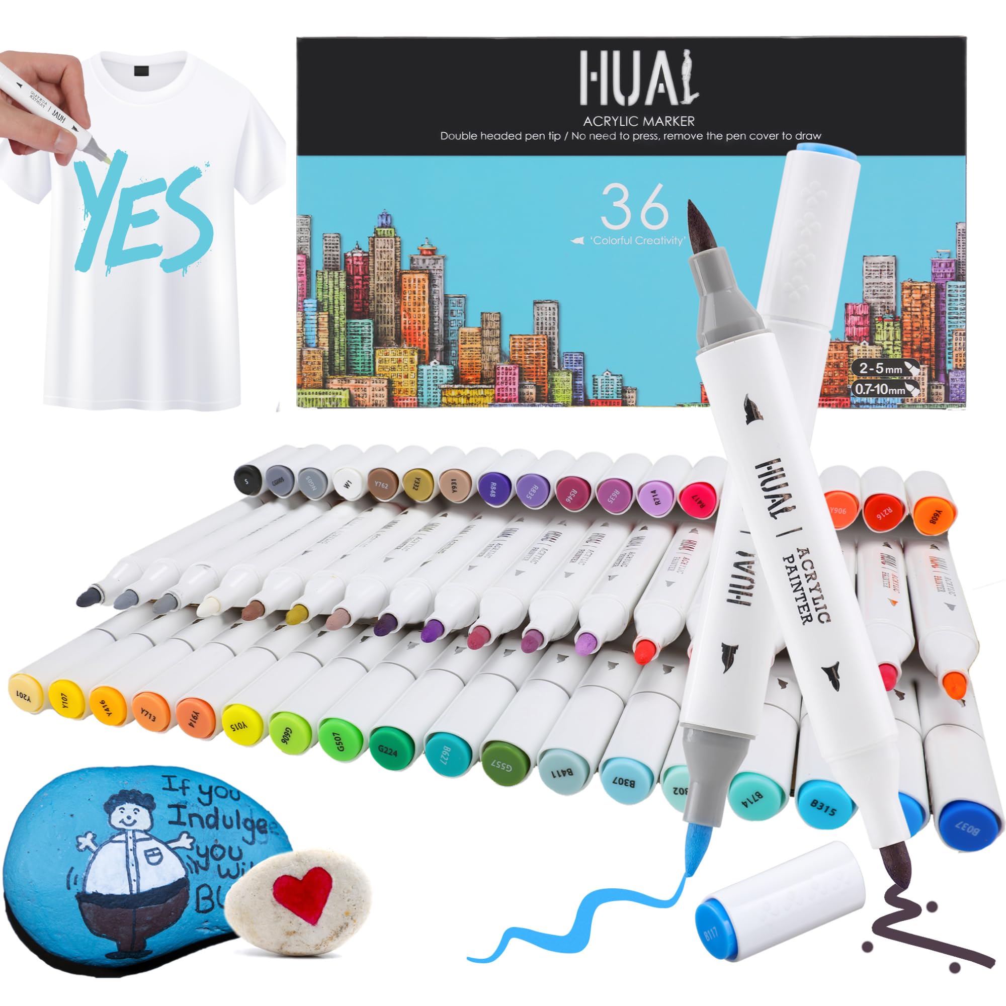 HUAL 36 Colors Dual Tip Acrylic Paint Pens, 2–5mm Fine & 0.6–10mm Brush Tip, Triangular Airtight Barrel, Color-Coded Caps, 3.5g High-Pigment Ink,