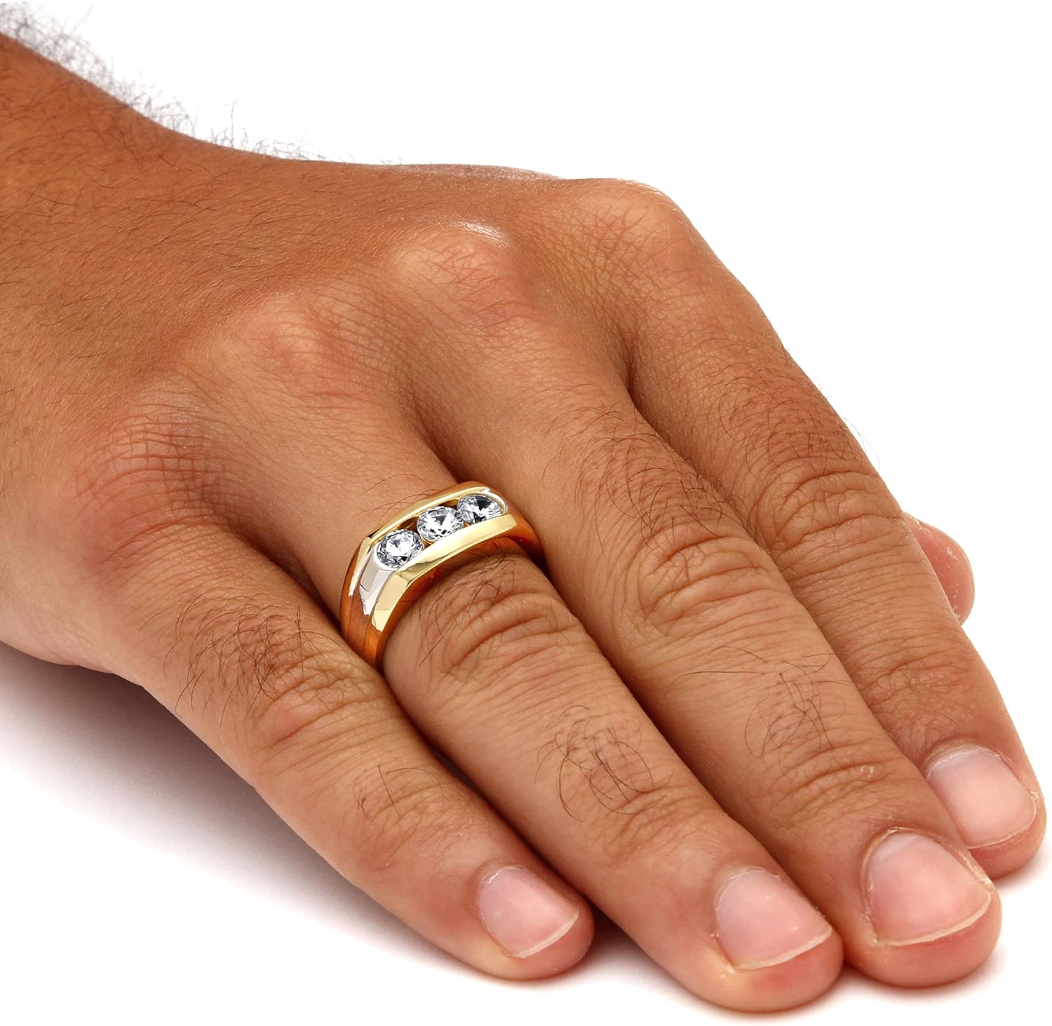 PalmBeach Men's Yellow Gold-plated Sterling Silver Round Cubic Zirconia Channel Set 3 Stone Ring Sizes 9-13