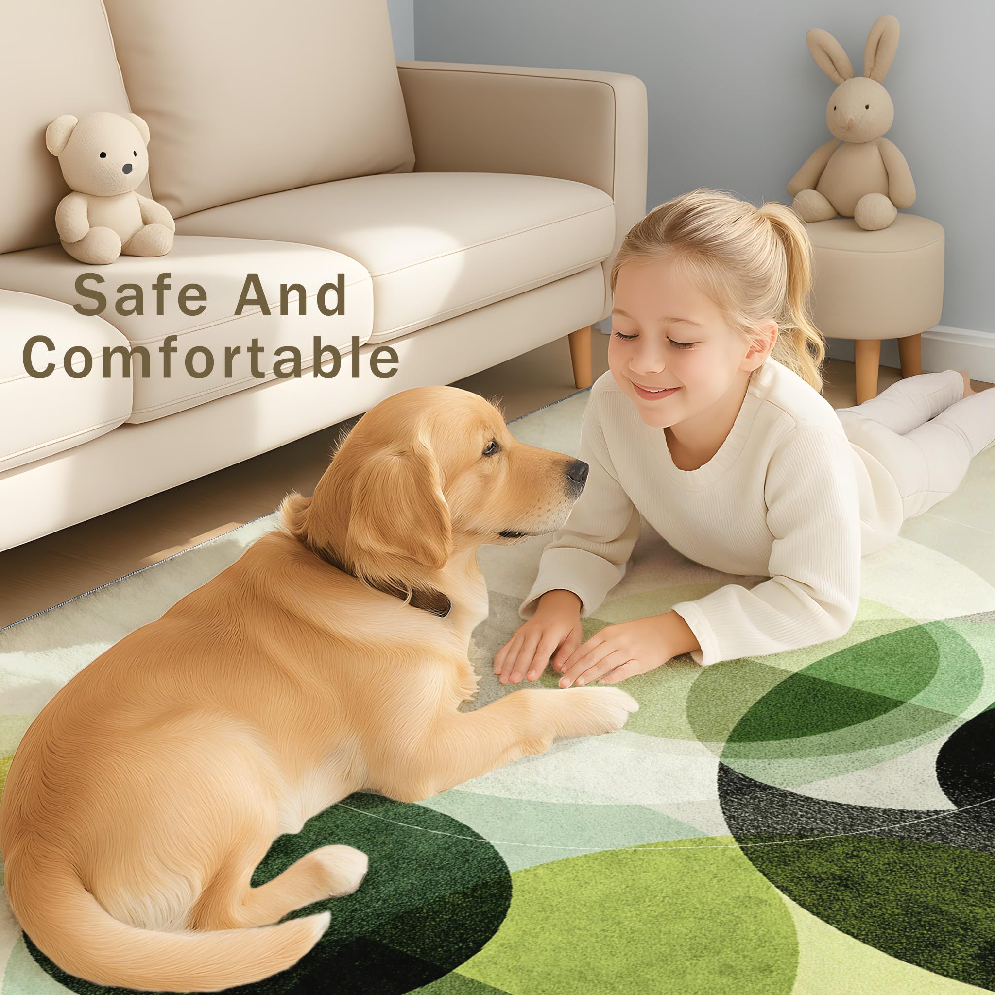 Tapis Salon Vert Sauge Abstrait pour Chambre Enfant & Adulte - 60 x 90 cm Tapis Durable et Antidérapant, Cercles Anneaux Super Doux Rug Salle Lavage en Machine