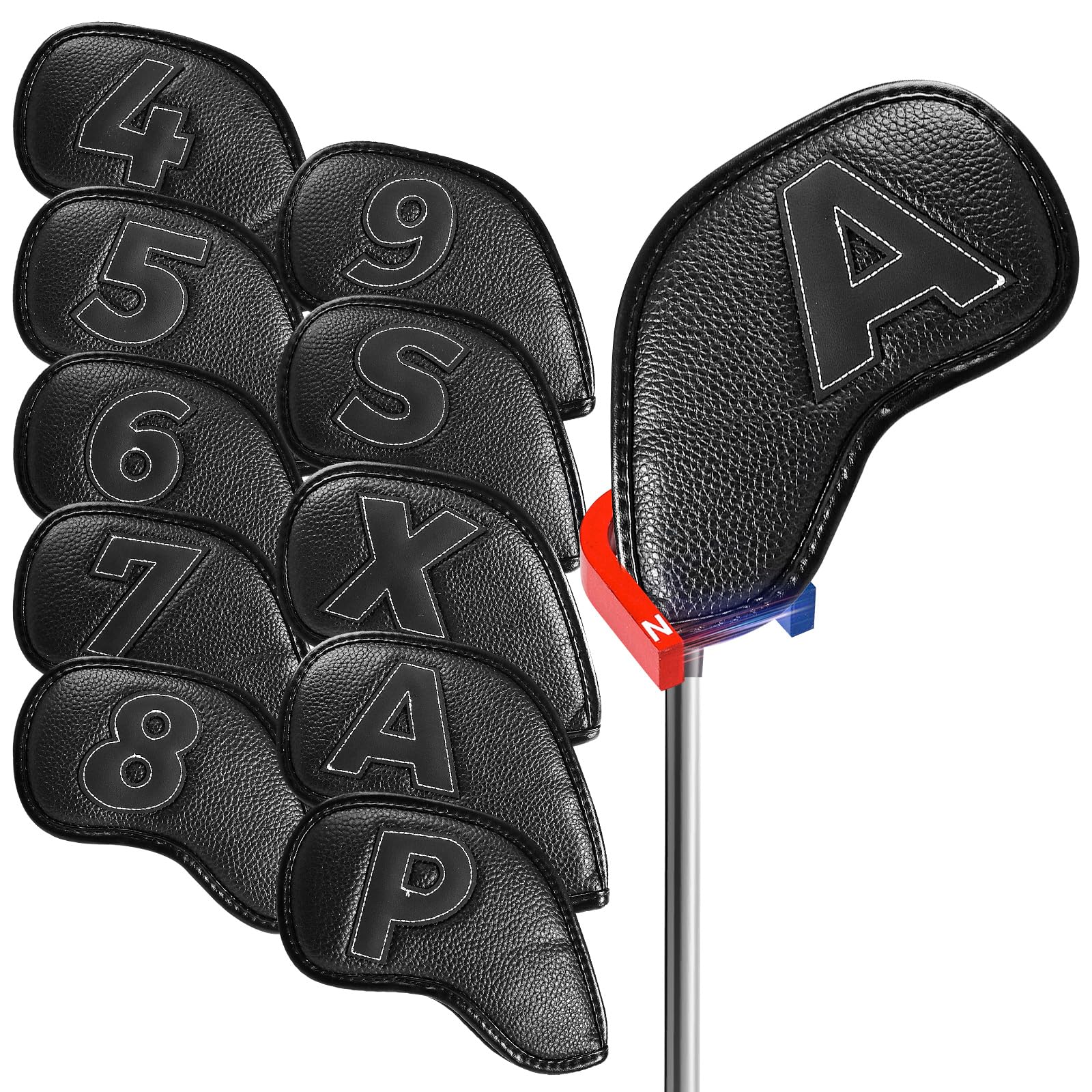 Golf Iron Head Covers Magnetic Closure Leather Double Side Numbers Value 10 Pack, Golf Clubs Headcovers Lightweight Synthetic Protection, Deluxe Fit Main Irons for Men Women (Black)