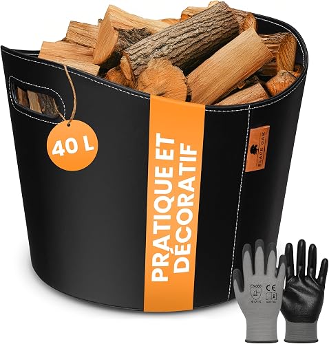 OAK DAKOTA L 40L Panier pour bois de cheminée en cuir synt BLACK
