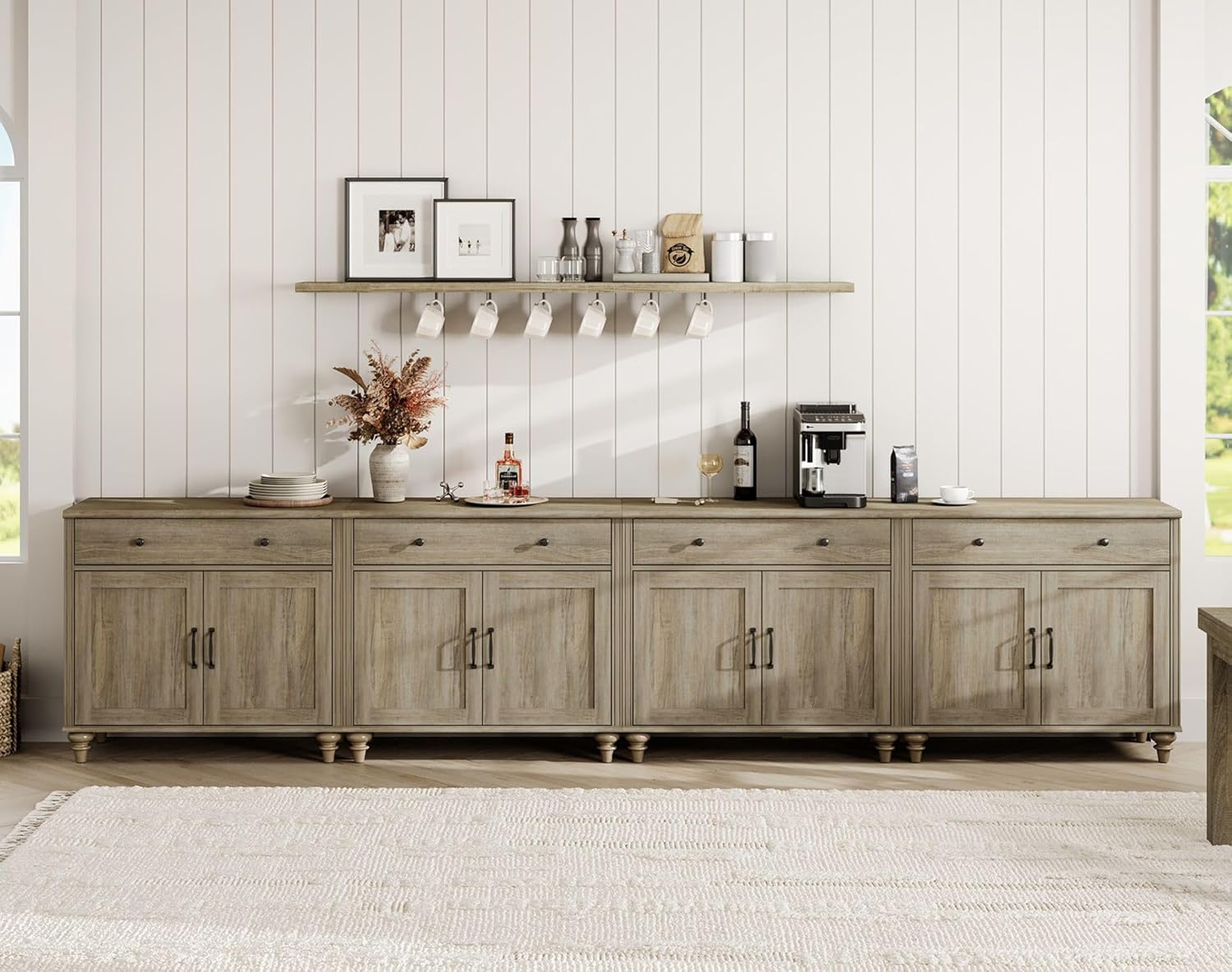 WAMPAT Buffet Cabinet with 4 Doors and 2 Drawers, Large Coffee Bar Table Wood Kitchen Storage Cabinets with Storage Cabinets, Modern Farmhouse Sideboard Credenza for Dining Room, Beige, 68 inch