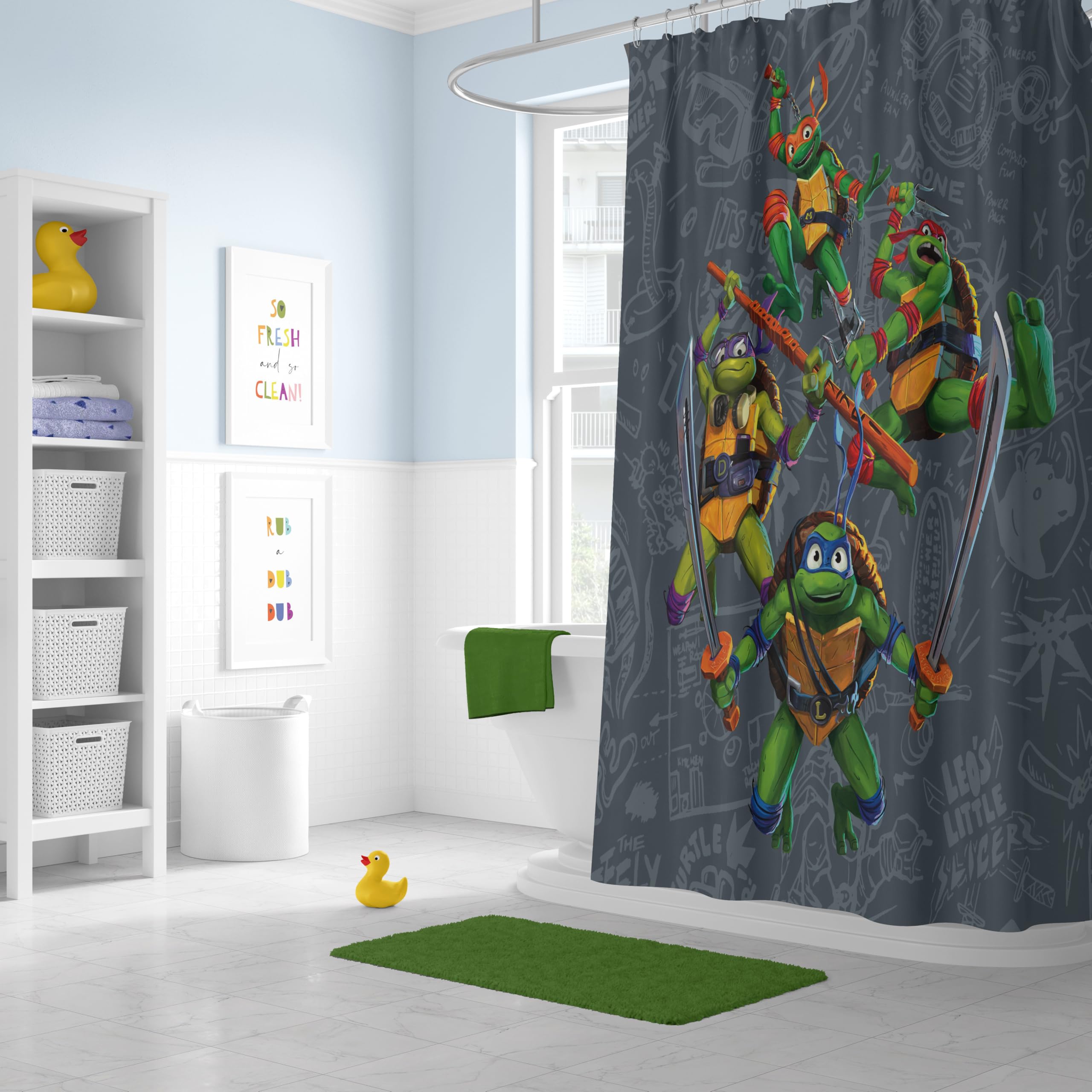 Jay Franco Nickelodeon Tenda da doccia in tessuto Tartarughe Ninja – Decorazione per bagno per bambini grigia con Leonardo, Raffaello, Michaelangelo e Donatello