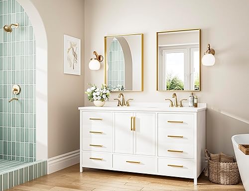 Miniatura 146 de Keonjinn Espejo de baño dorado de 48 x 36 pulgadas, espejo rectangular con marco de metal dorado cepillado, espejo de pared grande rectangular