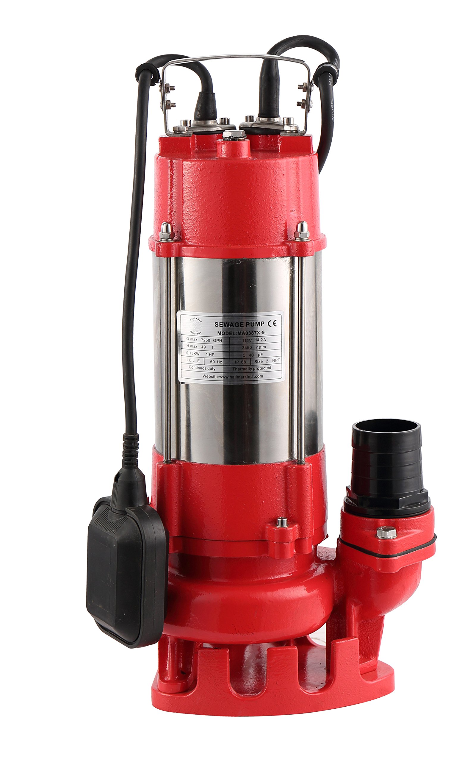 Hallmark Industries MA0387X-9 Sewage Pump with Float Switch, 1 HP, 115V, 7,250 GPH Max, 49 ft Lift, Stainless Steel