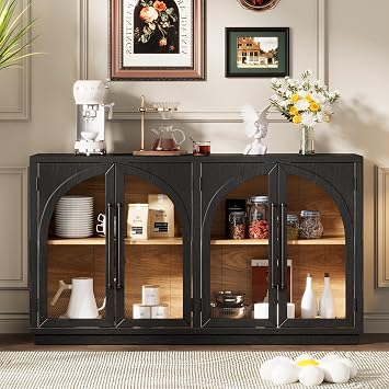 LUMISOL Retro Sideboard Buffet Cabinet with Glass Doors, 4-Door Storage Sideboard with Metal Handles and Adjustable Shelves, Accent Console Table for Kitchen Dining Room Living Room Entryway, Black