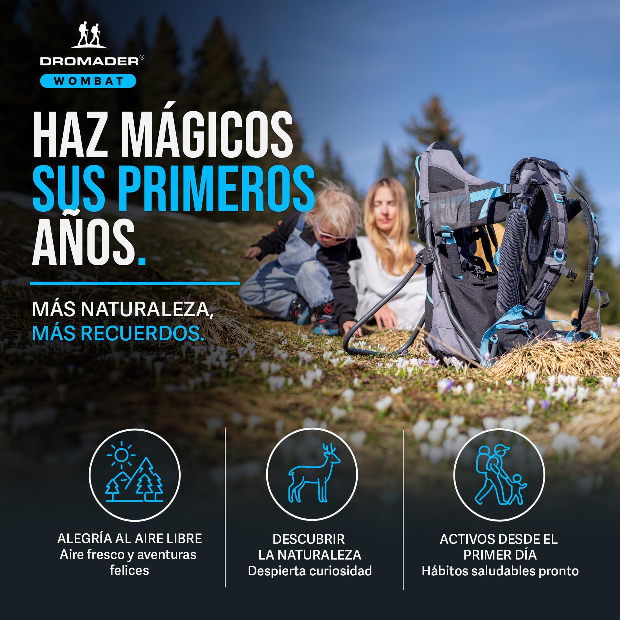 DROMADER Mochila Portabebe Montaña - Portabebes Senderismo hasta 22kg con Protector Solar, Protector de Lluvia, Bolsillo Térmico y Cambiador - Estructura Plegable con Una Mano - Negro y Azul