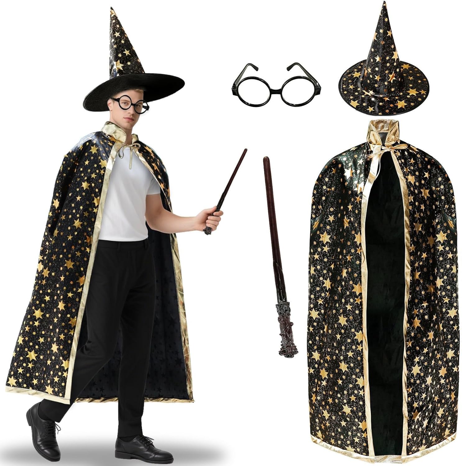 iGeeKid 4 Pack Halloween Wizard Costume Set for Adults, Include Witch Cloak, Wizard Hat, Wand and Round Glasses for Men Women