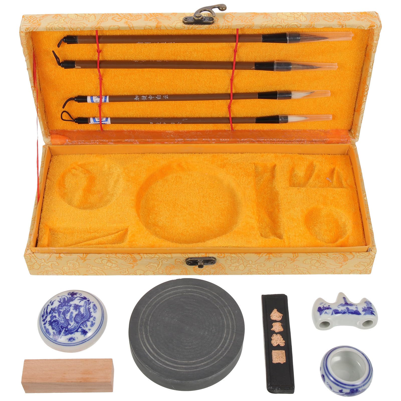 FRCOLOR Coffret Calligraphie Chinoise pour Débutants Pierre à Encre Ronde et Bâton D'encre Sûr, Surface Lisse, pour Calligraphie et Peinture
