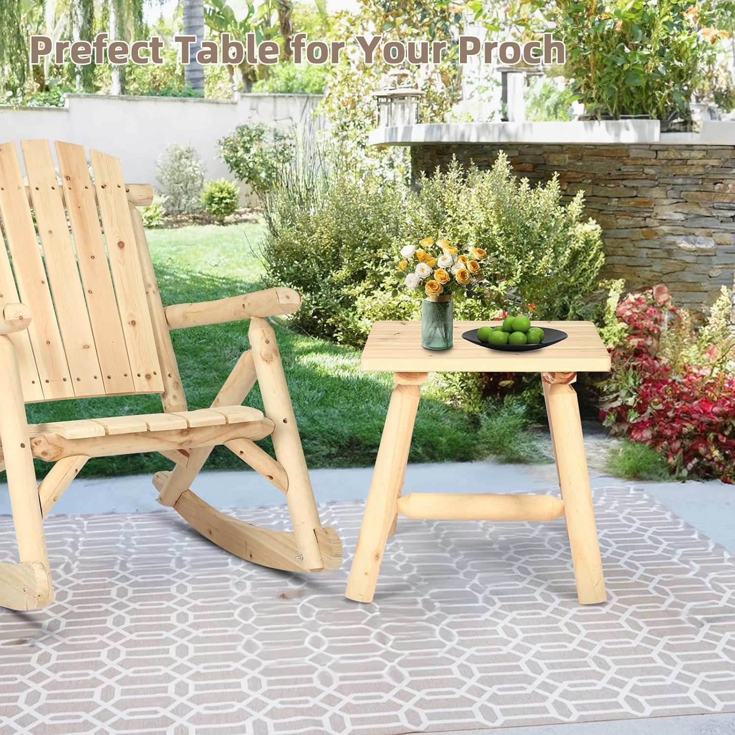 Outdoor Adirondack Log Side Table, 19.5" Thick Wooden Patio Square End Table with Slatted Tabletop, Solid Wood Rustic Accent Table for Indoor & Garden Deck Porch Balcony Backyard, Natural