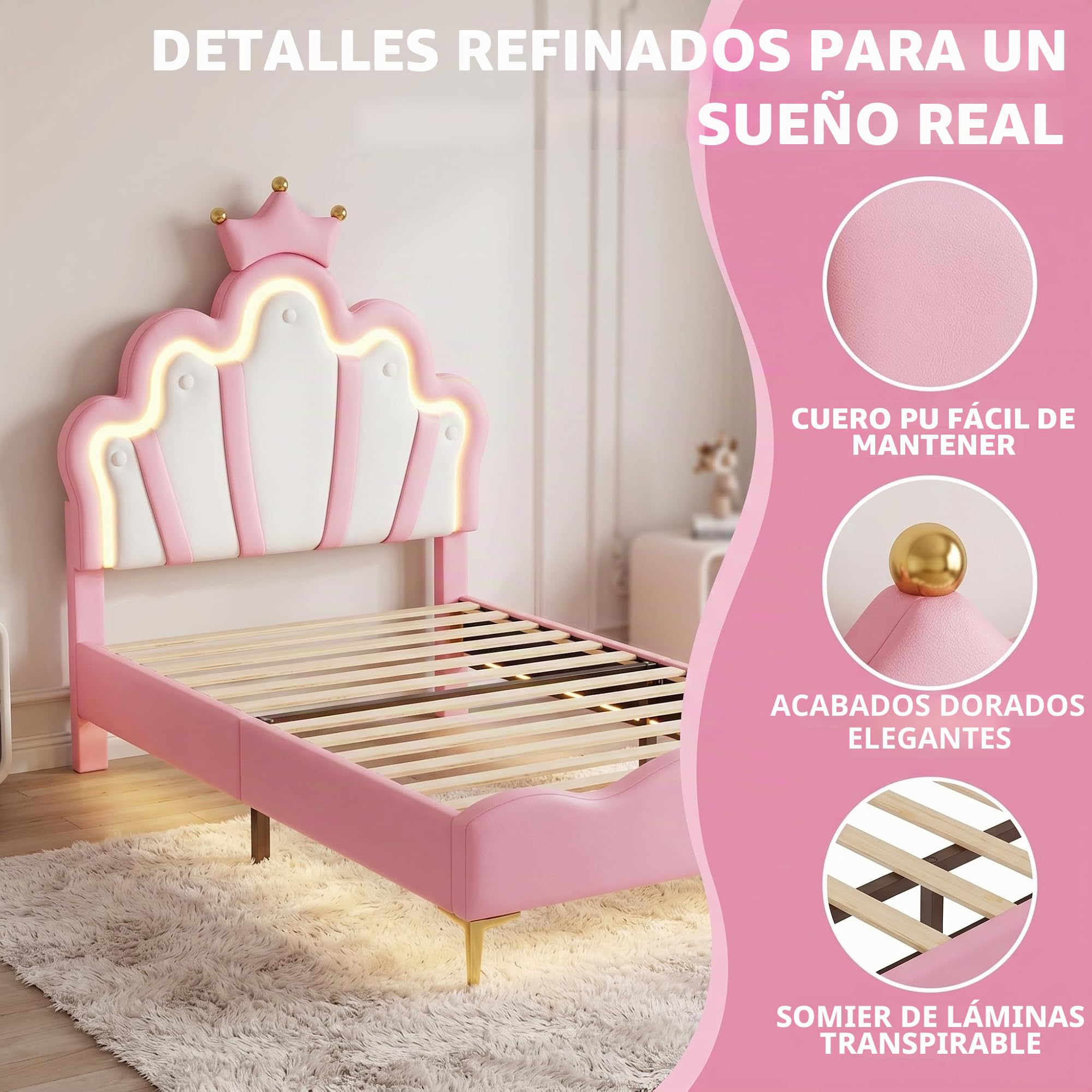 Cama infantil niña 90 x 200 cm, cama princesa con iluminación LED, cabecera de cama ajustable en altura en forma de corona, camas de 1 plaza acolchadas para niña adolescente, somier de láminas, PU