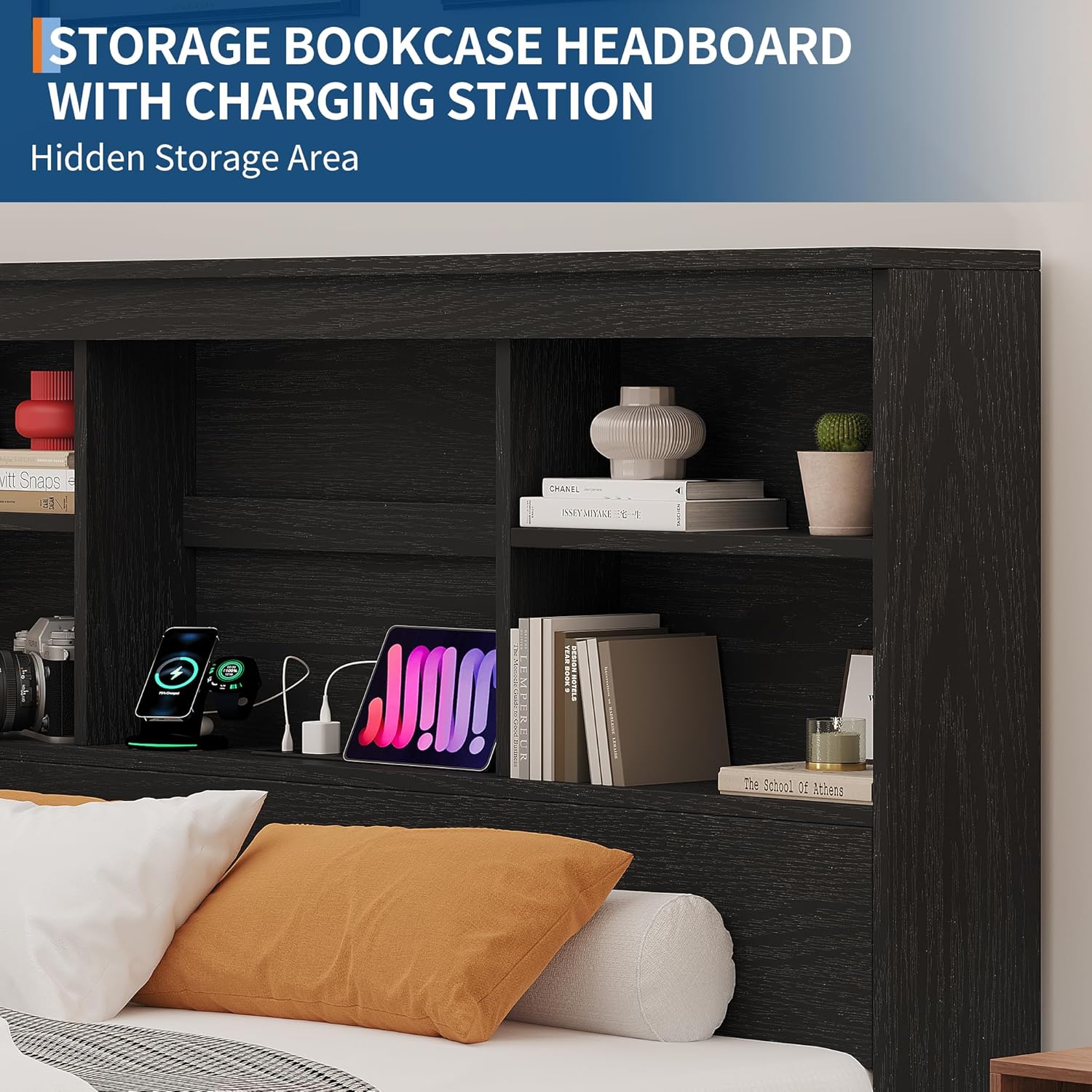 GarveeHome King Size Bed Frame with High Storage Bookcase Headboard, Wood Bed Frame with 4 Storage Drawers, Built in Charging Station, No Box Spring Needed, Metal Frame, Noise-Free, Vintage Black