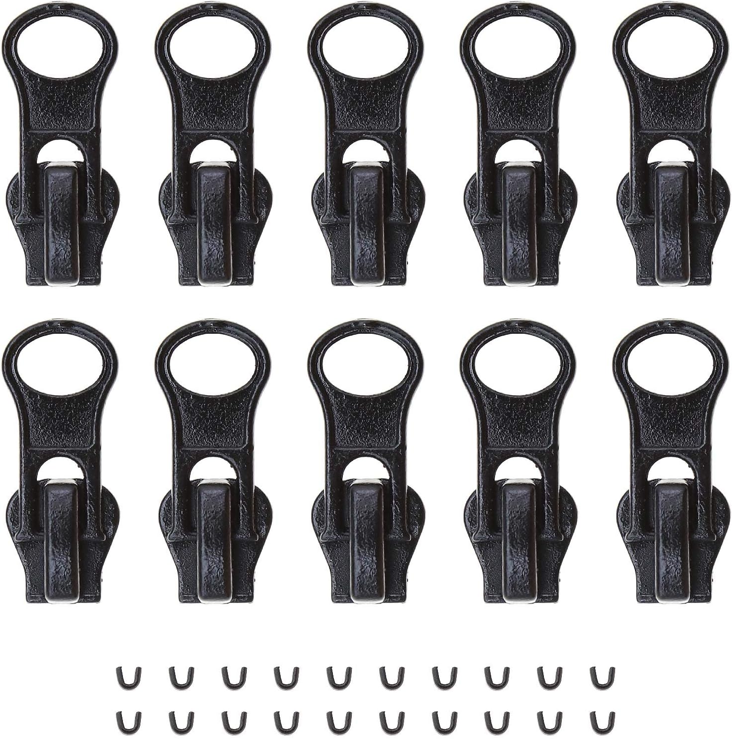 OTOTEC 10Pcs Black 5# Zippers Pulls Sliders with U-shape Stop Zips Repair Replacement Kit for Coats Jeans Jackets Pants Backpacks 25x11mm
