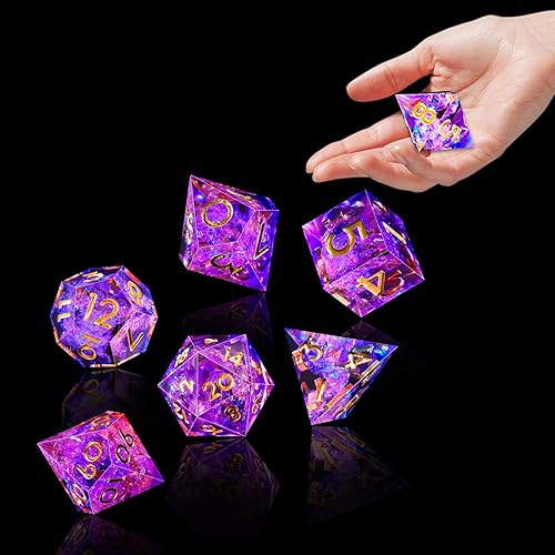 Miniatura 6 de AUSTOR Juego de dados DND de 7 troqueles hechos a mano con borde afilado para juegos de mesa MTG de mazmorras y dragones (melocotón y azul)