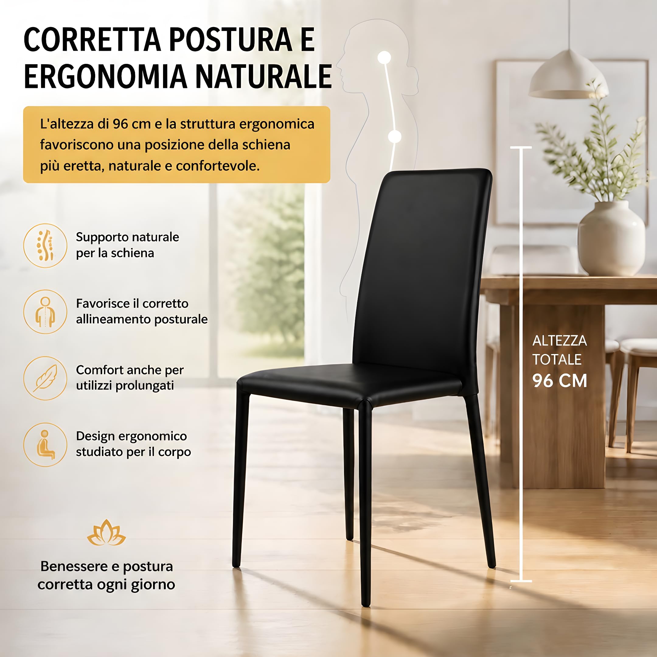 Set 4 Sedie Sala da Pranzo, Sedie Moderne in Ecopelle Lavabile, Sedie Cucina Imbottite con Struttura in Metallo e Gambe Inclinate Antiribaltamento, Impilabile, Montaggio non richiesto (Nero)