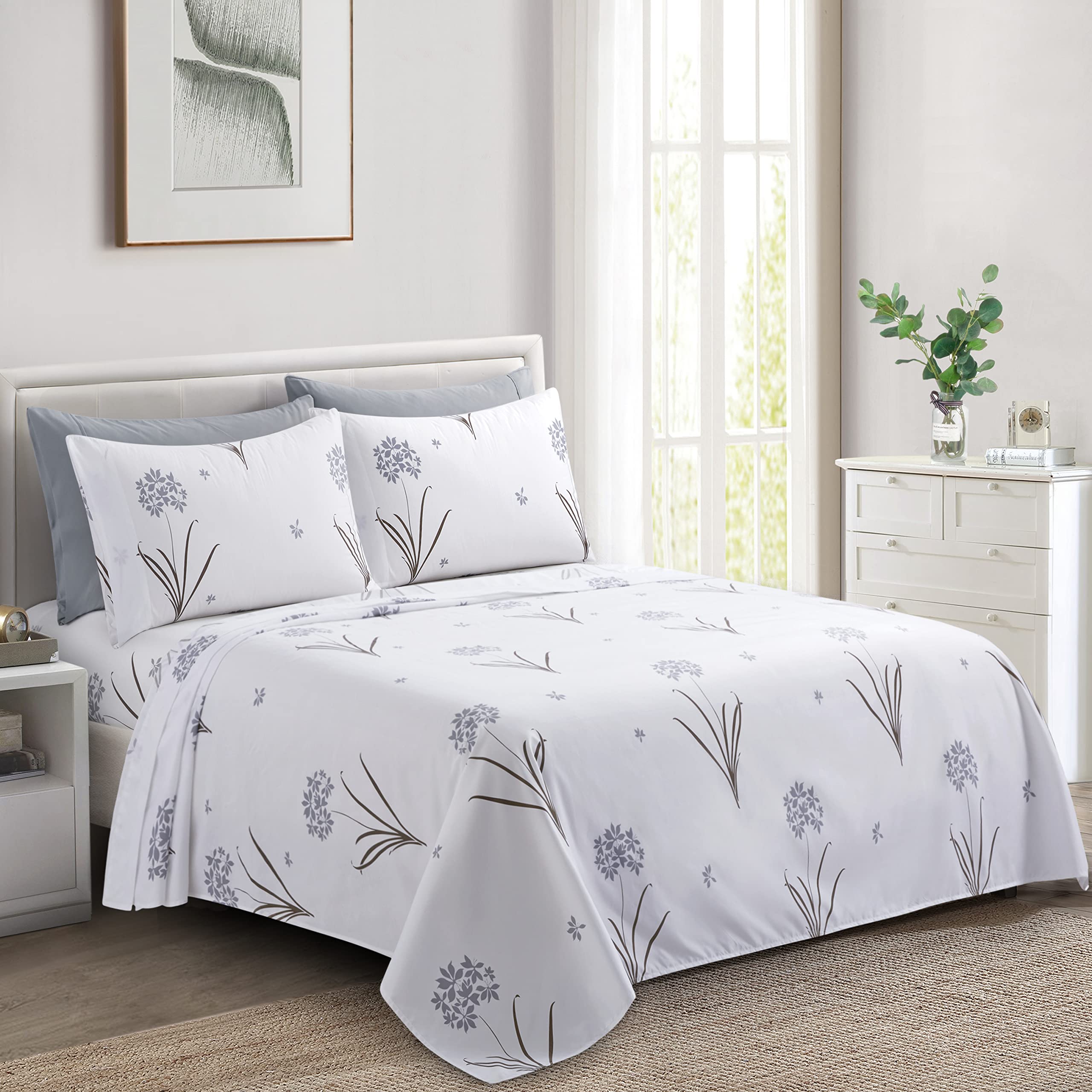 Marina Decoration Ultra Soft Silky Deep Pocket Rich Printed Bedding Rayon Derived from Bamboo All Season 4 Pieces Sheet Set with 2 Pillowcases, Grey