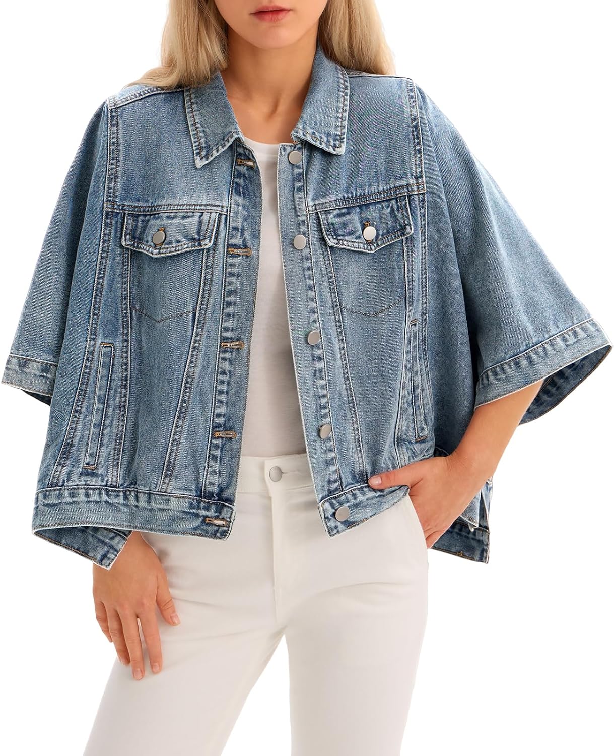 Tankaneo Womens Jean Jacket Oversized Cropped Short Sleeve Cotton Denim Jacket Fall Trendy Cape Outerwear with Pockets