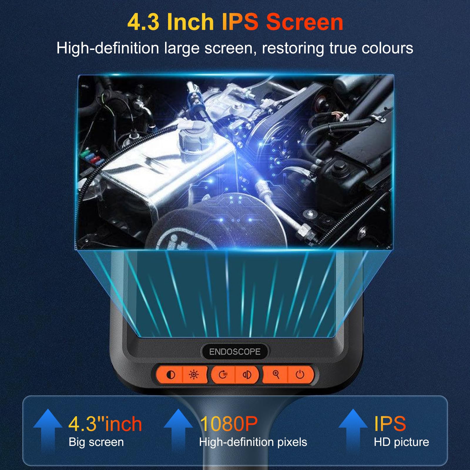 Telecamera Endoscopica con Luce, Schermo IPS da 4,3'' 1080P Ispezione Telecamera per Tubi Rotazione di 180° IP67 Impermeabile Telecamera per Canali per Ispezione di Veicoli e Tubi
