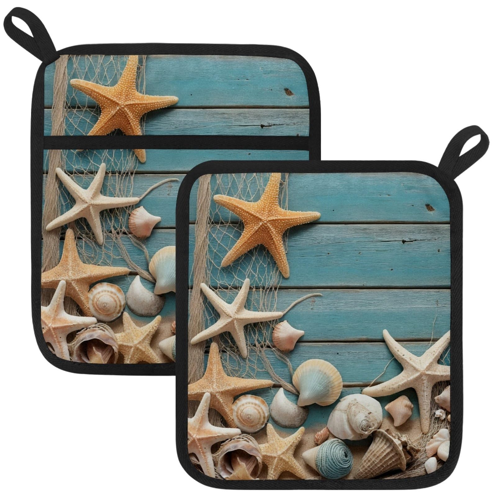 VAPOKF Farmhouse Starfish Pot Holders with Pocket for Kitchen Heat Resistant Potholders Large Polyester-Cotton Square Oven Mitts Set