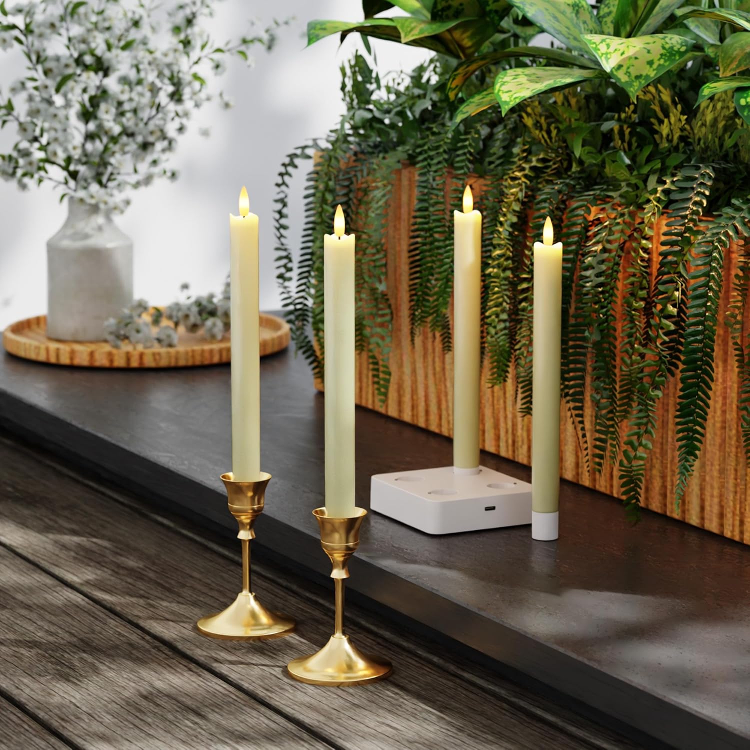 Rechargeable Flameless Taper Candles, Real Wax 9.6 Inch LED Candlesticks with Remote, flickering Ivory Battery Operated Candles with Charging Station for Home, Holidays, Weddings, Party Decor, 4 Pack
