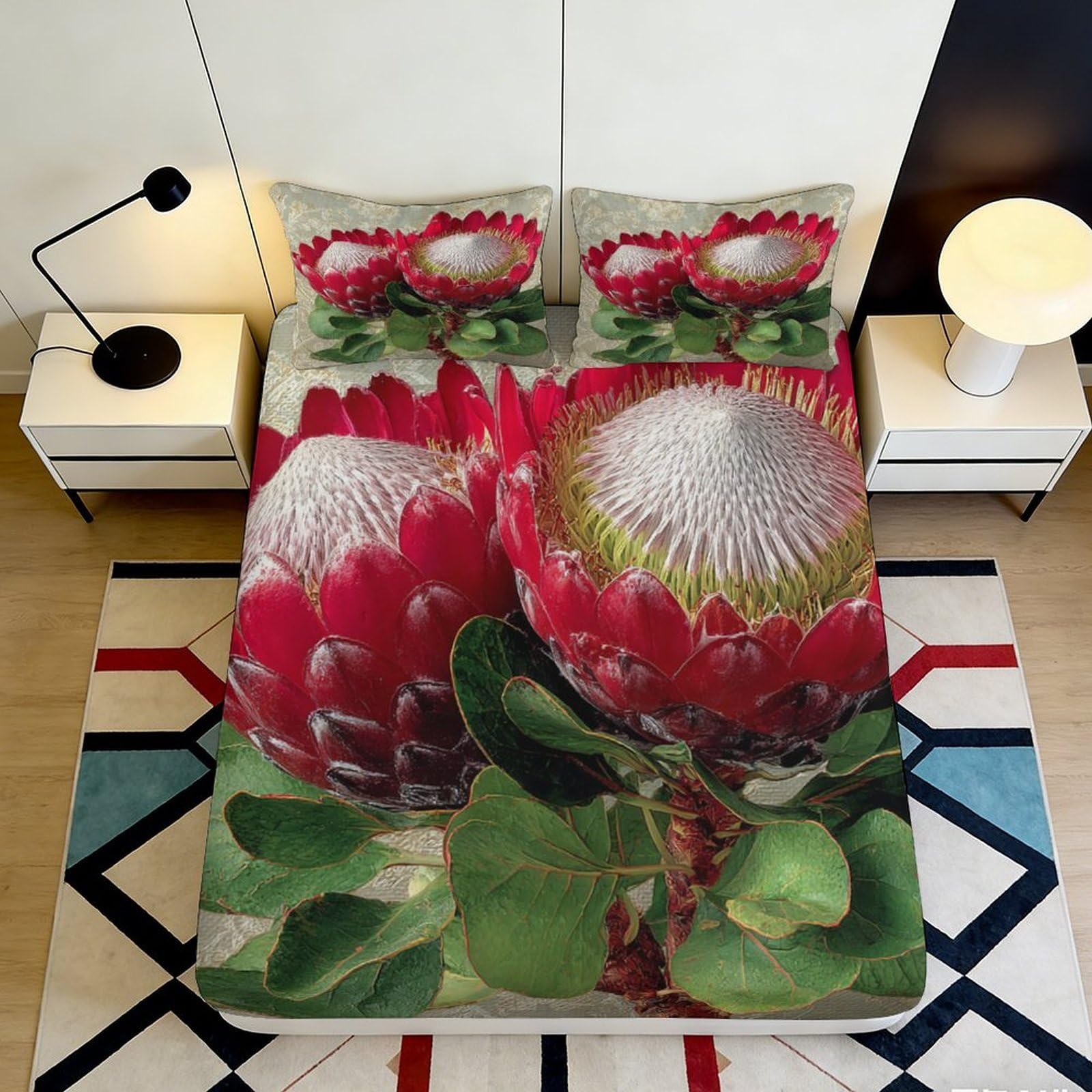 3D Printed Red Protea Flower Fitted Sheet Microfiber Soft Breathable Botanical Mattress Cover Bedroom Decor 160x200x25cm