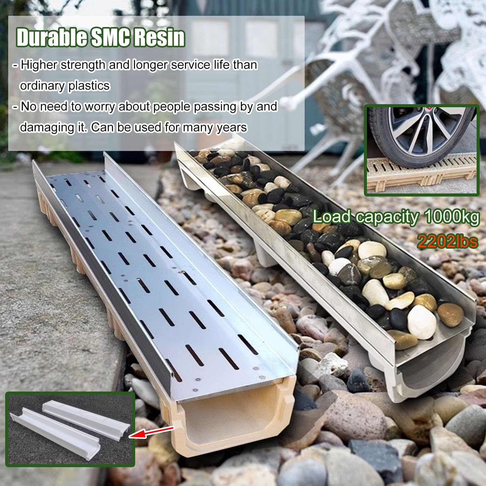 Rejilla de Drenaje para Zanja, Drenaje Exterior de 1 Metro con Rejilla metálica - Sumidero en Forma de U para entradas de vehículos de hormigón, macizos de Flores, guijarros y Piedras, Kit d