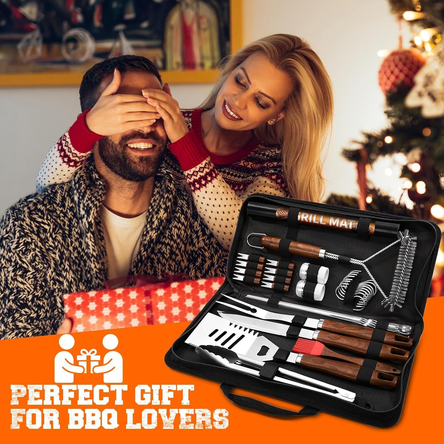 PURPLEBIRD 31PCS Grill Set for Outdoor Grill - Grilling Gift for Men & Dad, Heavy Duty Stainless BBQ Tools Kit for Camping, Grilling Utensils Set with Cleaner Brush, Thermometer, Storage Bag, BBQ Mat