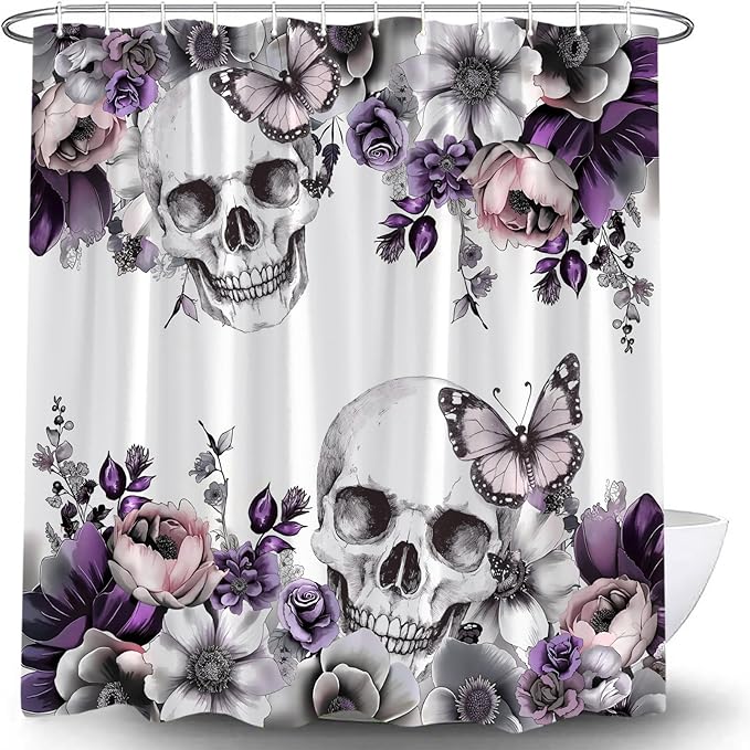 Skull Flower Gothic Shower Curtain Gothic Halloween Purple Floral Butterfly Sugar Skeleton Dark Spooky Scary Retro Goth Retro Bath Curtain with Hook,70x70 Inch