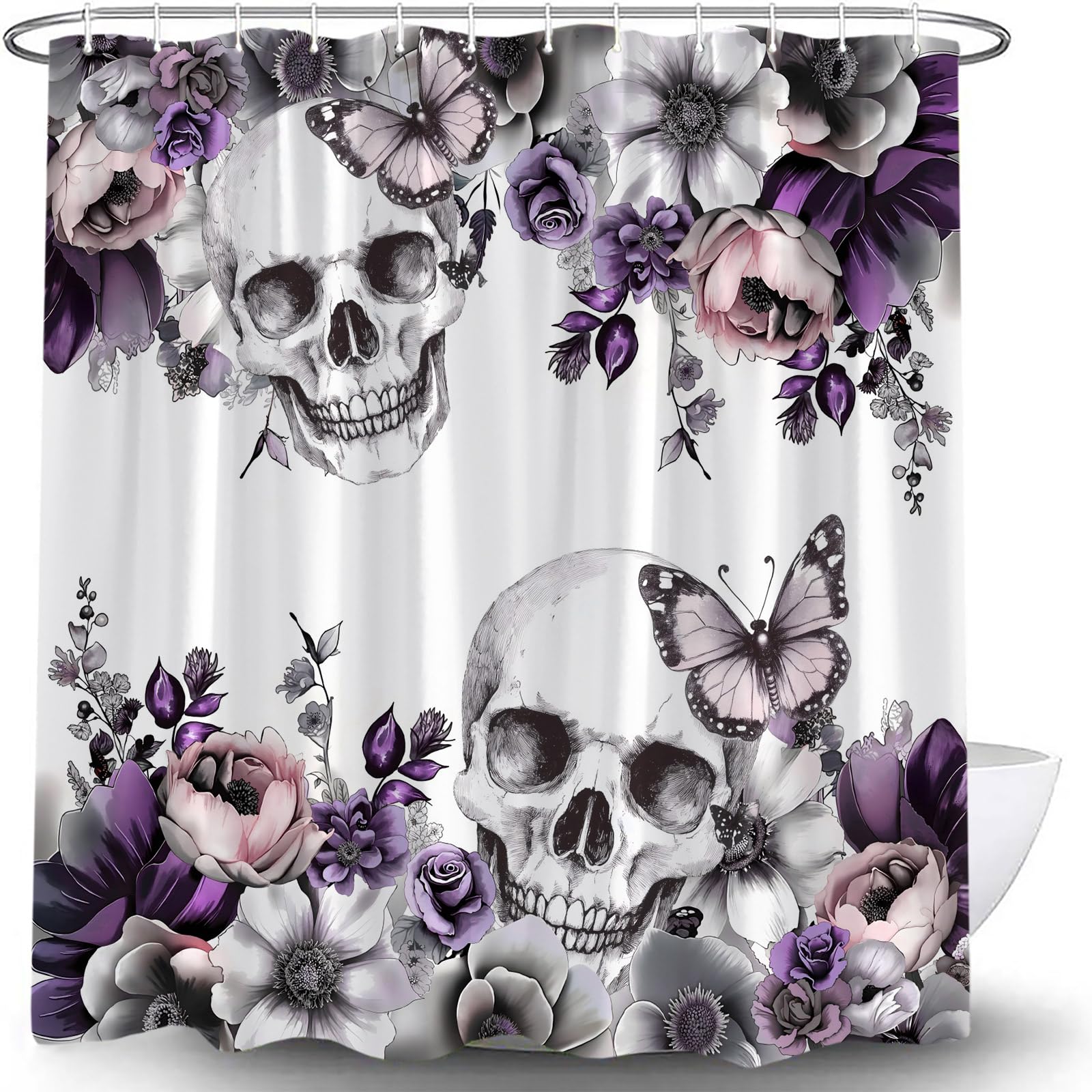 JWJAMM Skull Flower Gothic Shower Curtain Gothic Halloween Purple Floral Butterfly Sugar Skeleton Dark Spooky Scary Retro Goth Retro Bath Curtain with