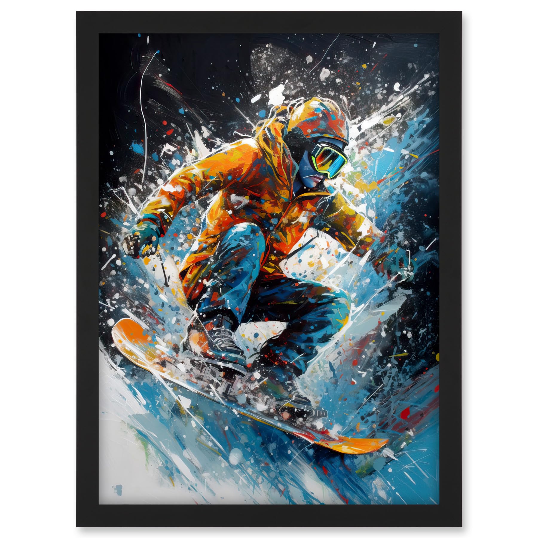 Artery8 Snowboarder Landing Snowboard Jump Splatter Paint Artwork Framed A3 Wall Art Print