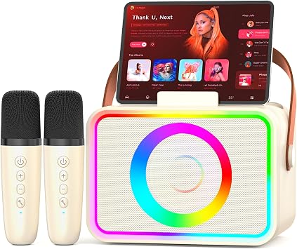 Karaoke Machine for Kids Adults,Portable Bluetooth Speaker with 2 Wireless Microphone with LED Lights, Karaoke Microphone with PA System Supports USB/TF/AUX,Gift for Party Beige