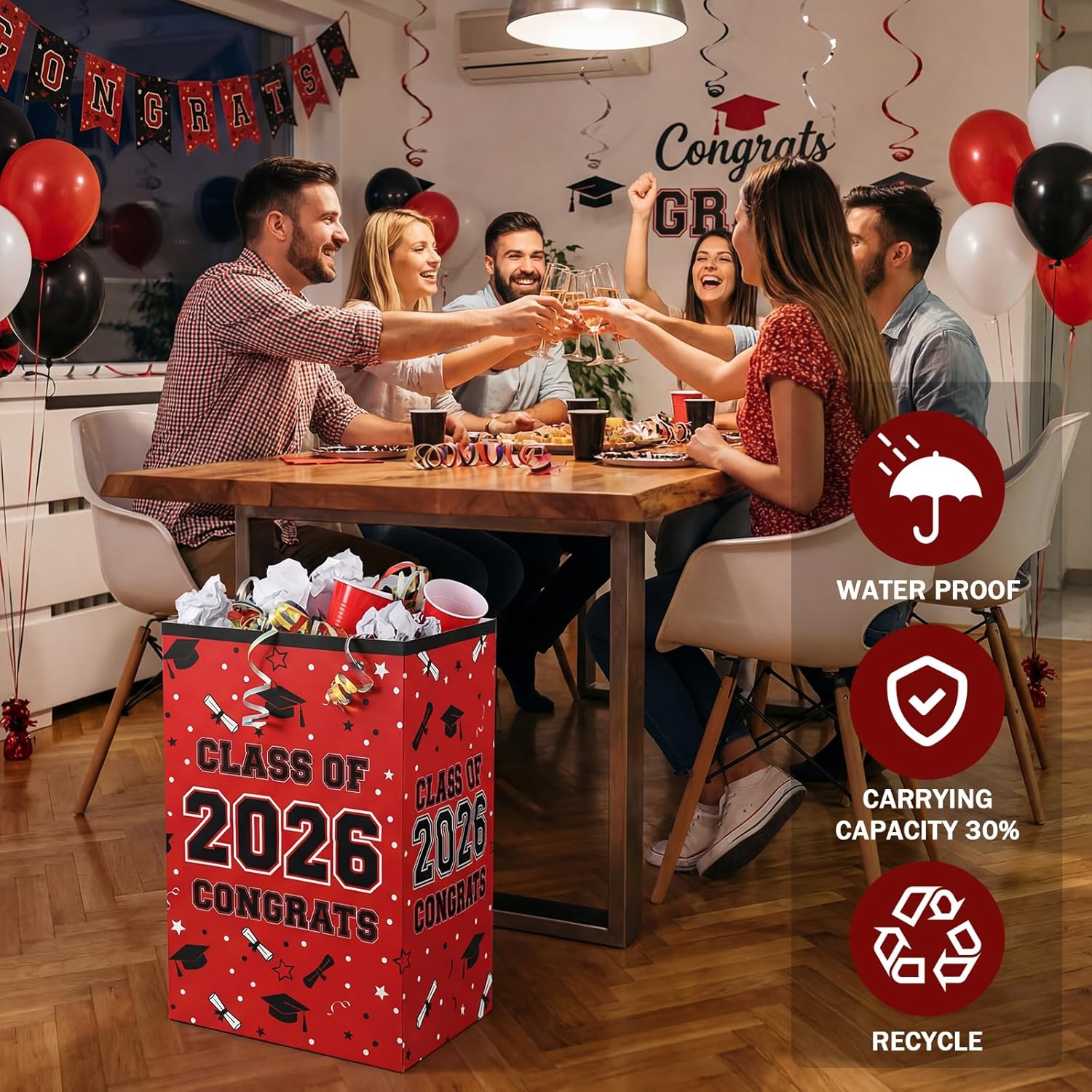 Tinlade 6 Pack 2026 Red and Black Graduation Decorations 13 Gallon Disposable Trash Cans Class of 2026 Party Garbage Bins, Large Waterproof Foldable Recycle Pop up Bins for Graduation Party, School