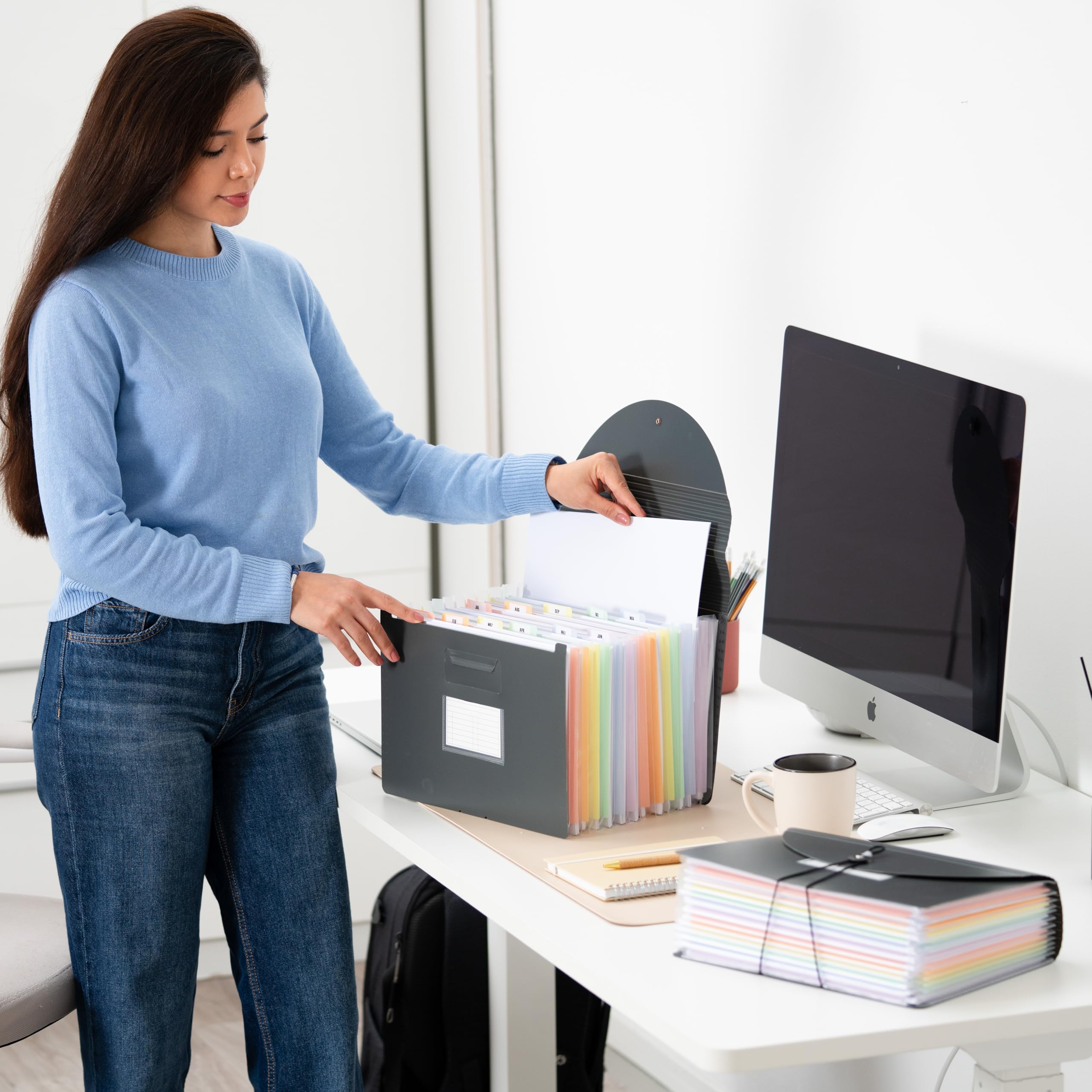 Document Folder A4 12-Pocket Accordion File Organizer Holds Up to 1,500 Sheets Durable Expanding File Folder with Color Tabs Document Case for Office, School, College & Home Grey - Image 4