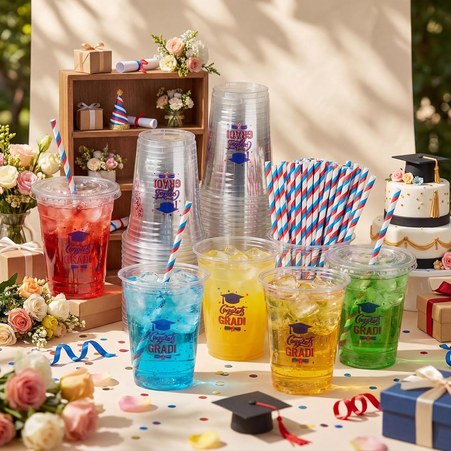 Sliner 50 Set 2026 Blue White and Red Graduation Plastic Cup Disposable with Lid and Paper Straw 16 oz Clear Drinking Cup for College High School Grad Party Supplies Decoration Festivities