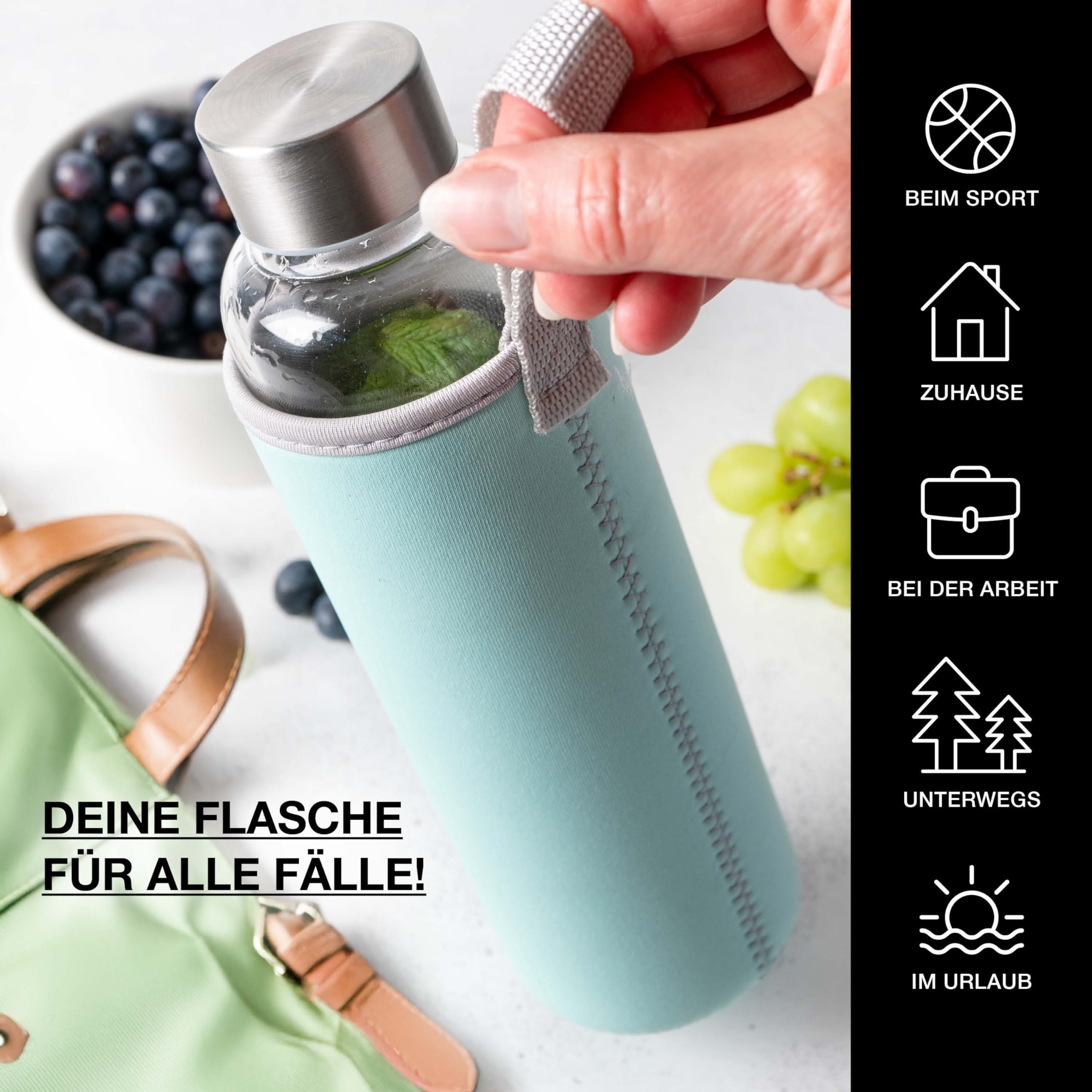 Moritz & Moritz Szklana butelka do picia 500 ml – nadaje się do napojów gazowanych i szczelna – szklana butelka do uprawiania sportu, szkoły, na uczelnię lub do pracy – z ochronną dwustronną poszewką