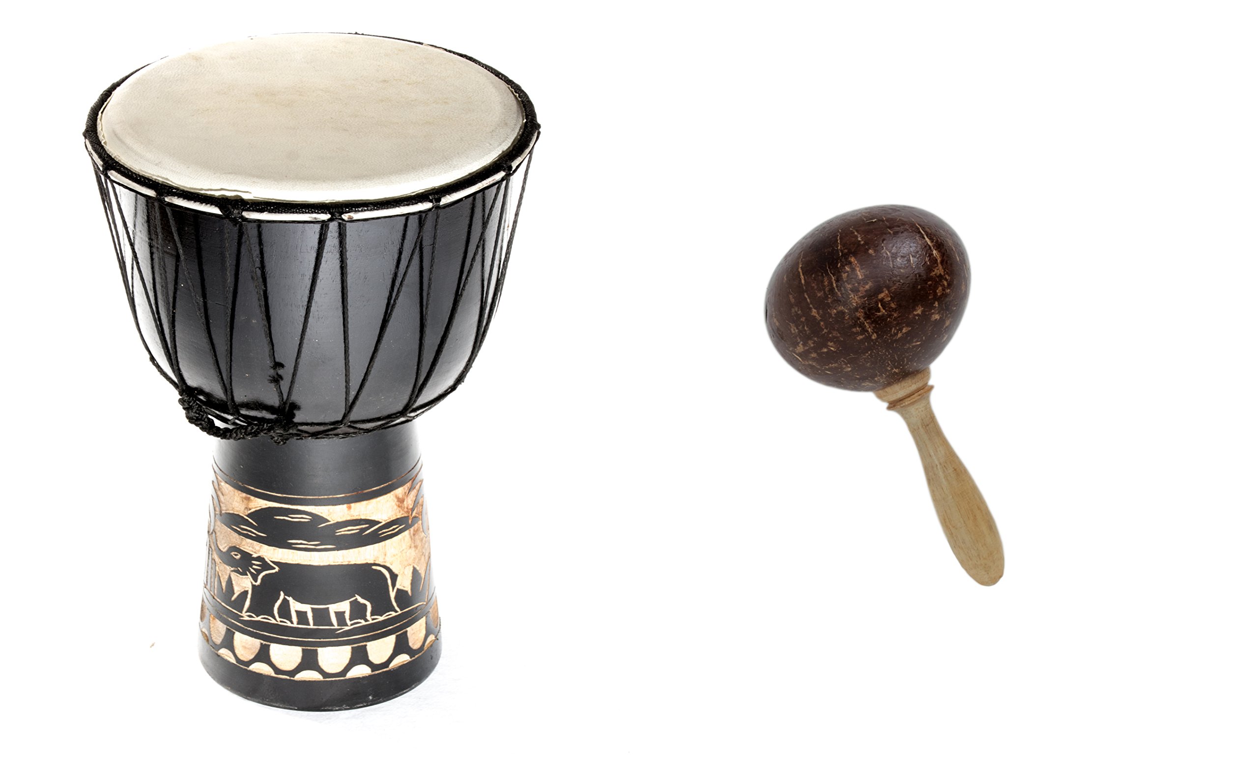 Große 50cm Djembe Holz Trommel Bongo Ziegenfell Elefant Schwarz + Kokos Rassel Maraca R2