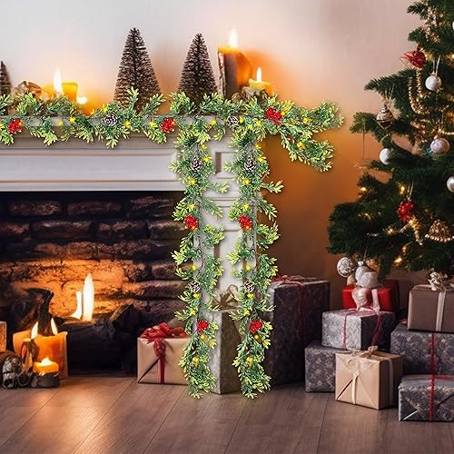 Miniatura 6 de Guirnalda de Navidad artificial de 6 pies, guirnalda de hoja de ciprés sintética con 20 luces LED, bayas rojas y piñas, hojas verdes y amarillas,