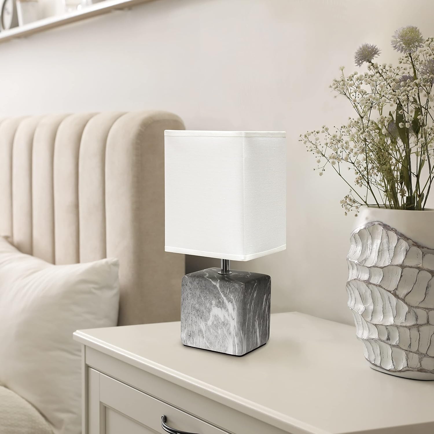 Simple Designs LT2071-BAW Gray Black Petite Marbled Ceramic Bedside Mini Table Lamp with White Fabric Shade… image 5