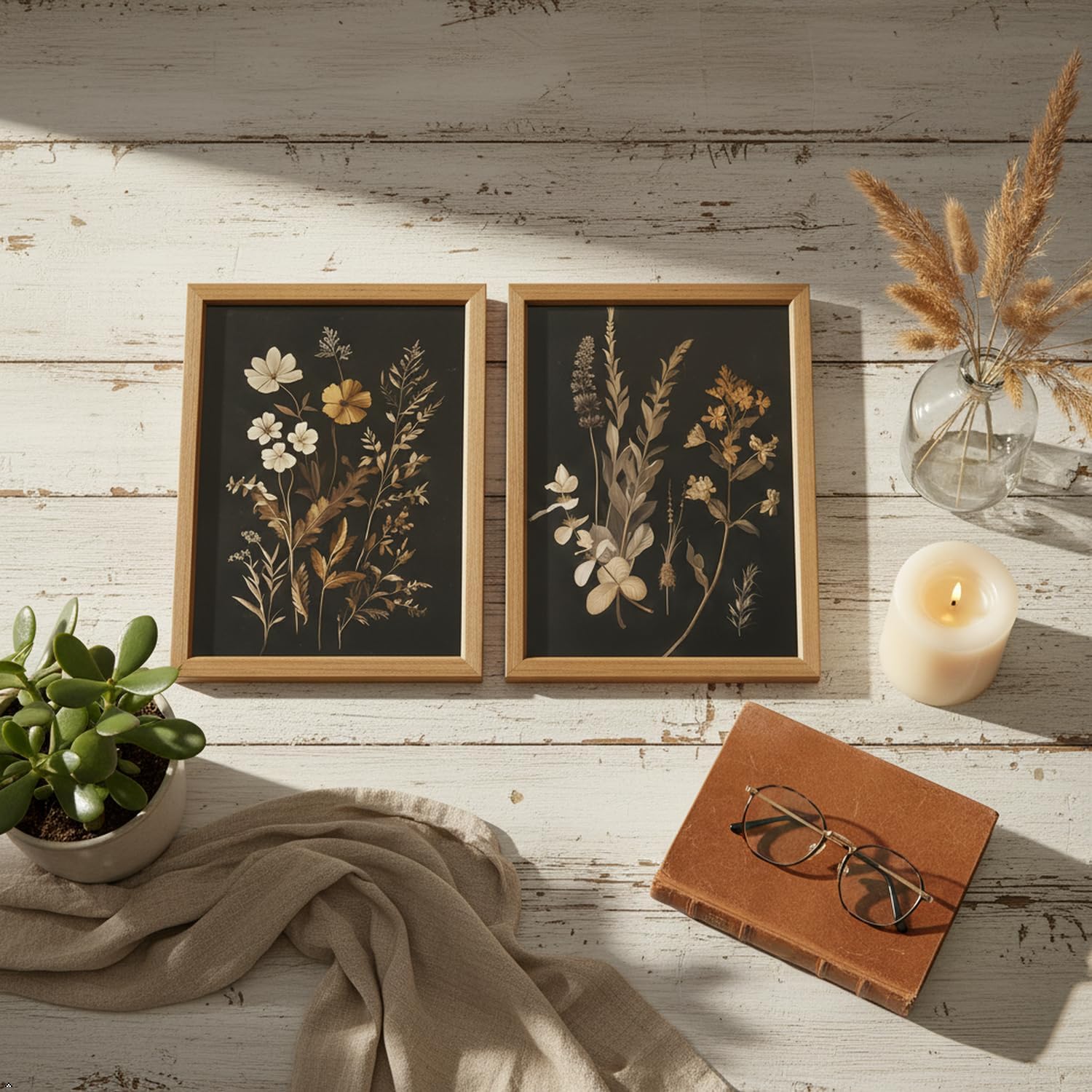 Botanical Wall Art Set of 2 Framed Canvas 12x16, Vintage Dark Floral Plant Prints with Solid Wood Frame, Moody Farmhouse Wall Decor for Bedroom Living Room Bathroom