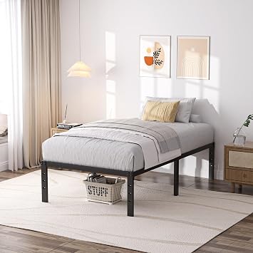 SHLAND Bed Frame Twin, 18 Inch Metal Twin Platform Bed Frame No Box Spring Needed, Mattress Foundation, Storage Space, No Noise, Easy Assembly