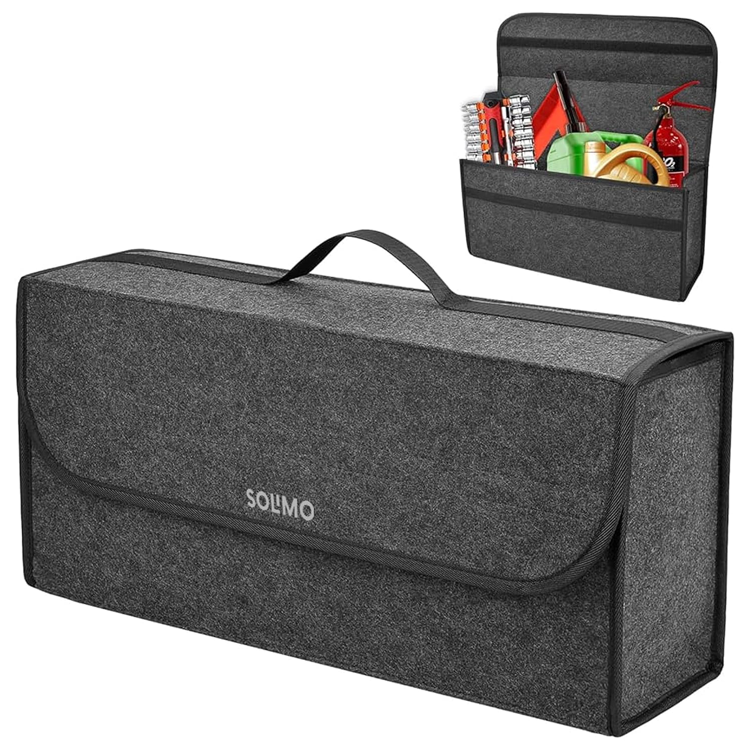 Amazon Brand - Solimo Car Trunk Organizer | Large Multi-Compartment Storage Boot Organizer | Anti-Slip | Utility Space Saver | Felt Material | for Cars, Trucks | Dark Grey
