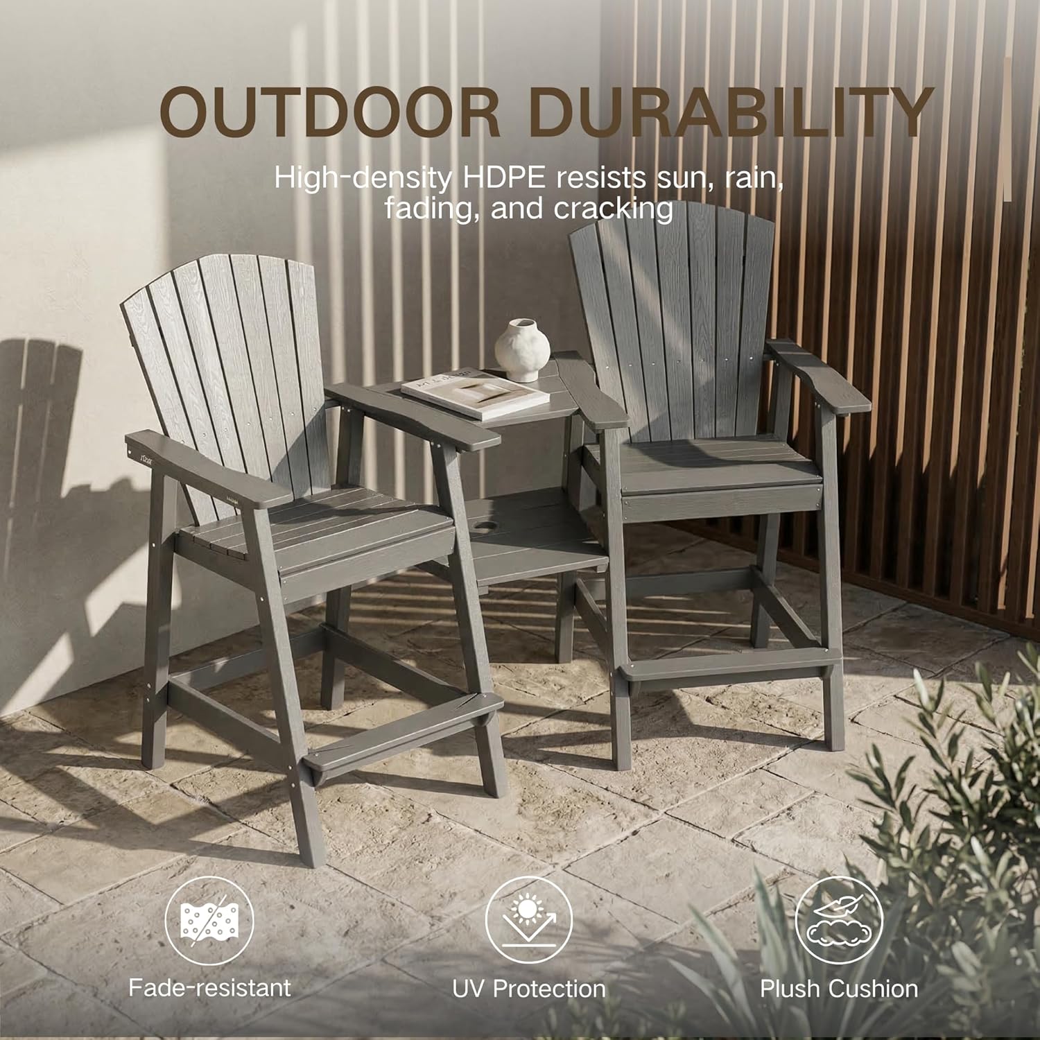 Kingdura Tall Adirondack Chairs Set of 2 with Removable Connecting Tray & 2" Umbrella Hole, Weather-Resistant HDPE Bar Height Outdoor Chairs, Wood-Look Balcony Bar Stools for Patio, Deck, Porch (Grey)