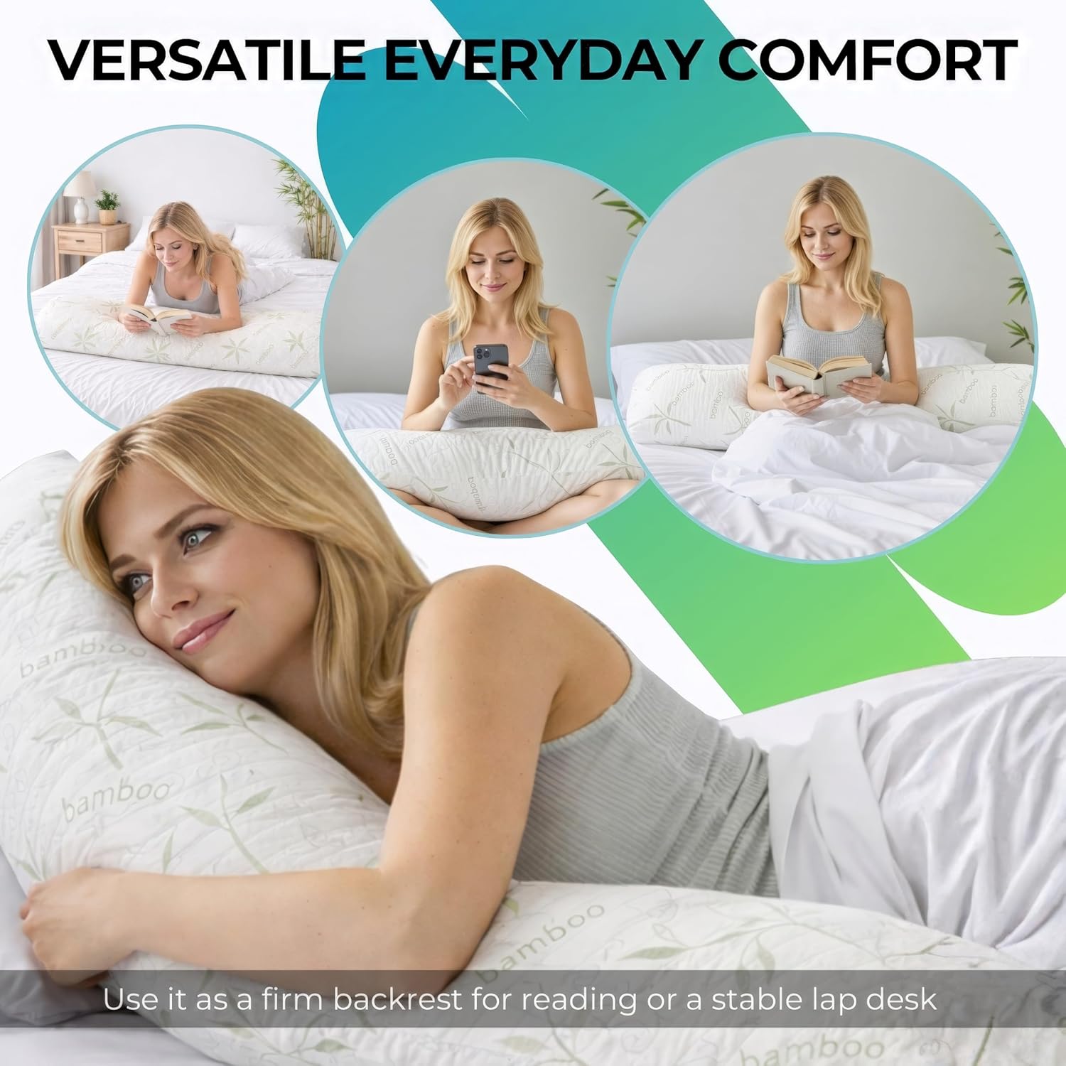 Sacred Thread Cylinder Shaped Long Pillow for Bed, Cooling Rayon Derived from Bamboo Body Pillow for Side Sleepers, Soft and Supportive Full Body Pillows for Adults (46.5”x8”) (White)
