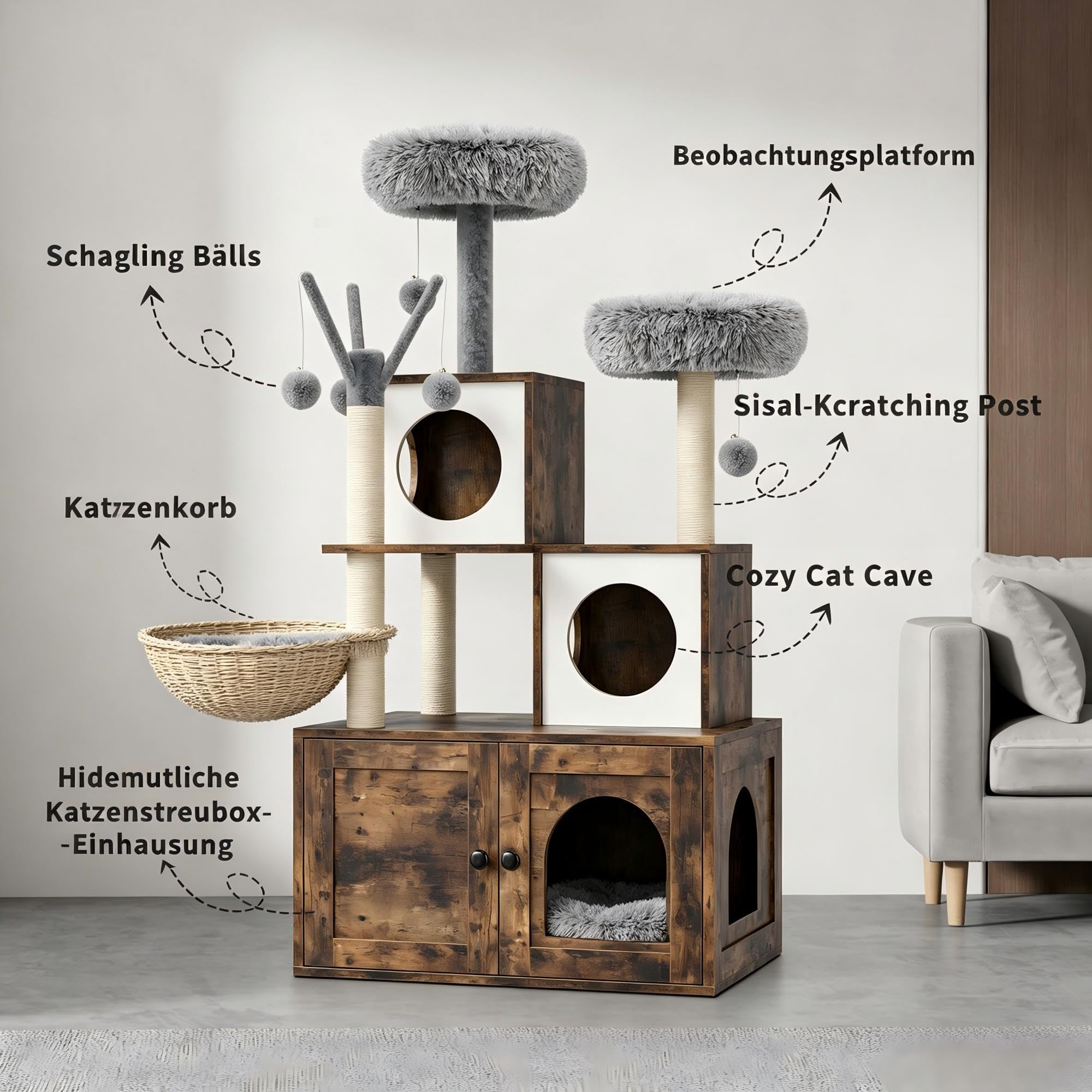54,3" Katzenbaum mit Katzentoiletten-Schrank, 2-in-1 Kratzbaum mit Liegekorb und Plattform, Rustikales